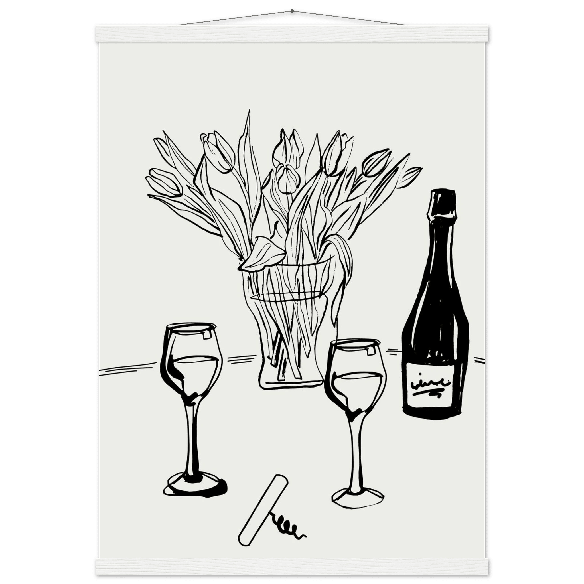Wine & Tulips Print | Black Line Art Wine Bottle Wall Art | Minimalist Kitchen Poster - Evergreen Posters