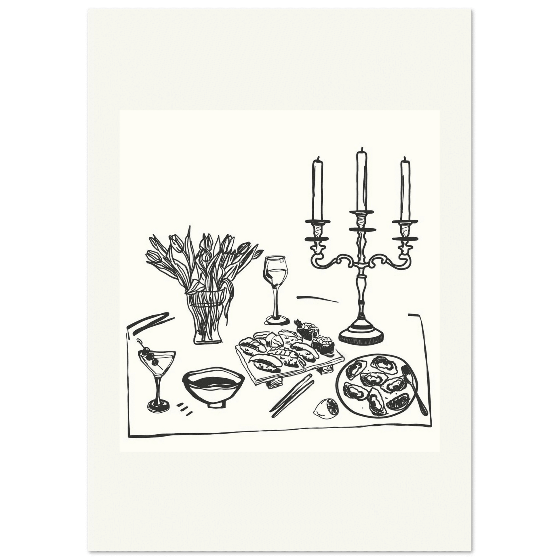 Fine Dining Table Print | Black Line Art Kitchen Wall Art | Elegant Dining Room Poster - Evergreen Posters