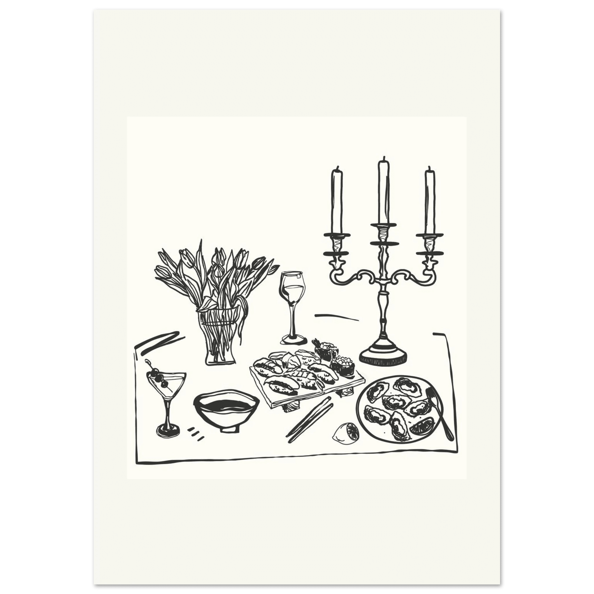 Fine Dining Table Print | Black Line Art Kitchen Wall Art | Elegant Dining Room Poster - Evergreen Posters