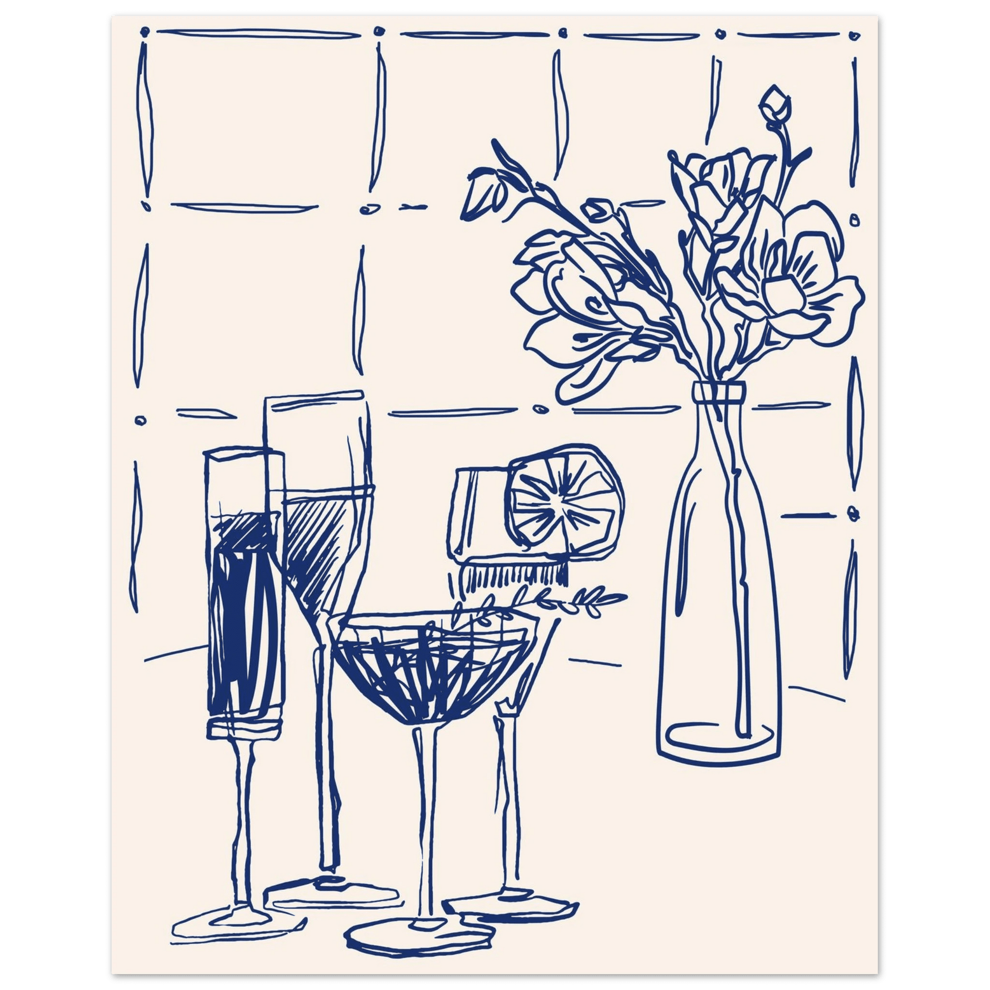 Cocktails & Flowers Print | Navy Blue Line Art Drinks Wall Art | Kitchen Bar Poster - Evergreen Posters