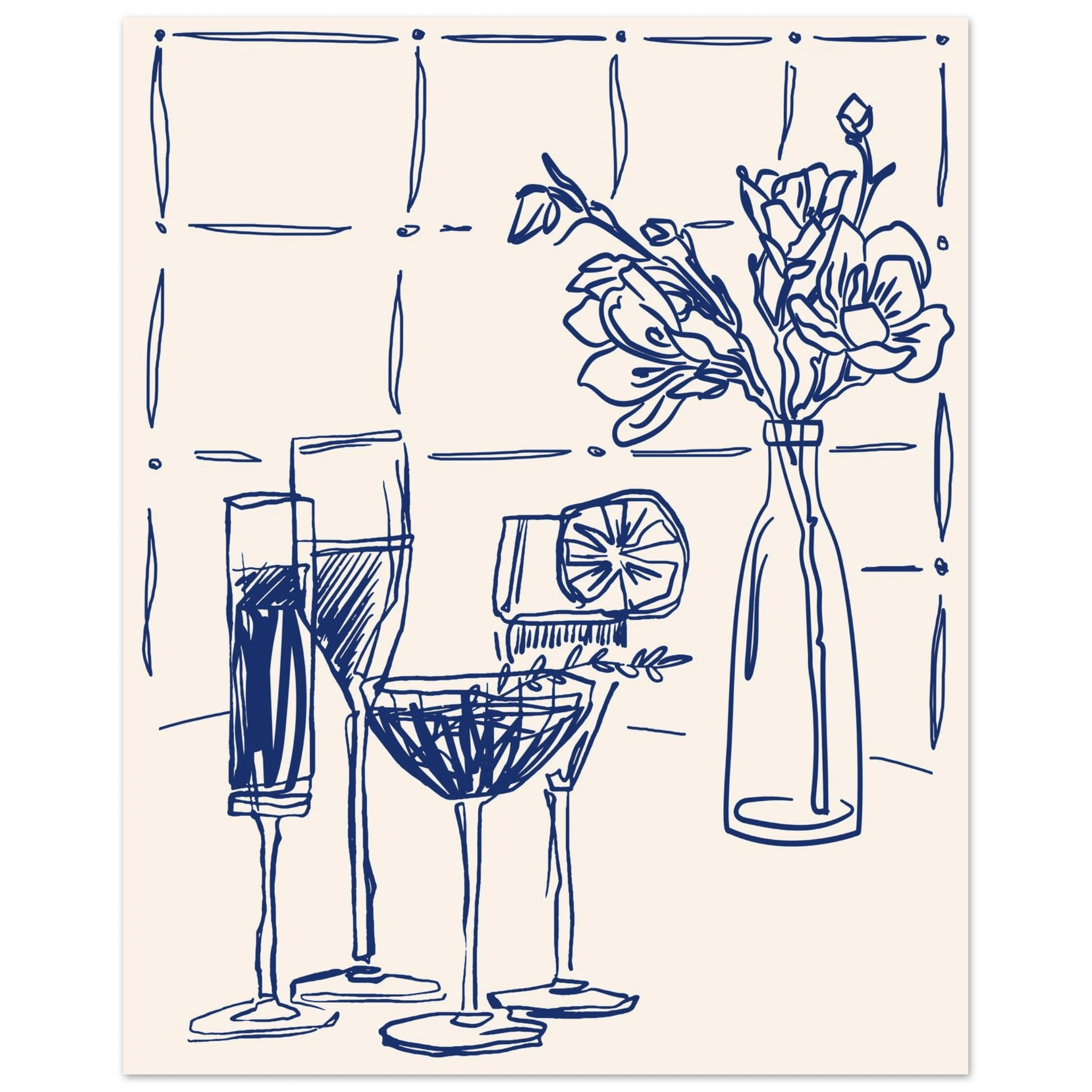 Cocktails & Flowers Print | Navy Blue Line Art Drinks Wall Art | Kitchen Bar Poster - Evergreen Posters