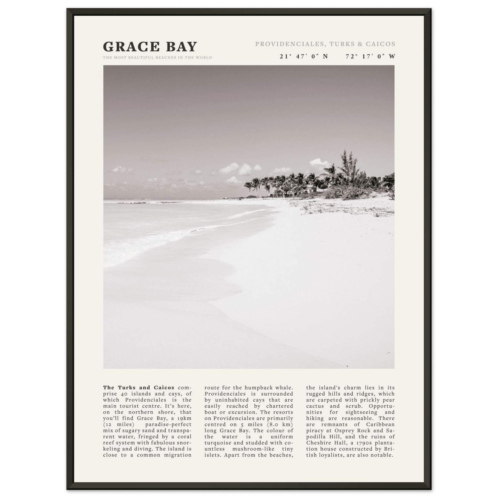 Grace Bay Poster | Black & White Turks & Caicos Wall Art | Caribbean Beach Print - Evergreen Posters