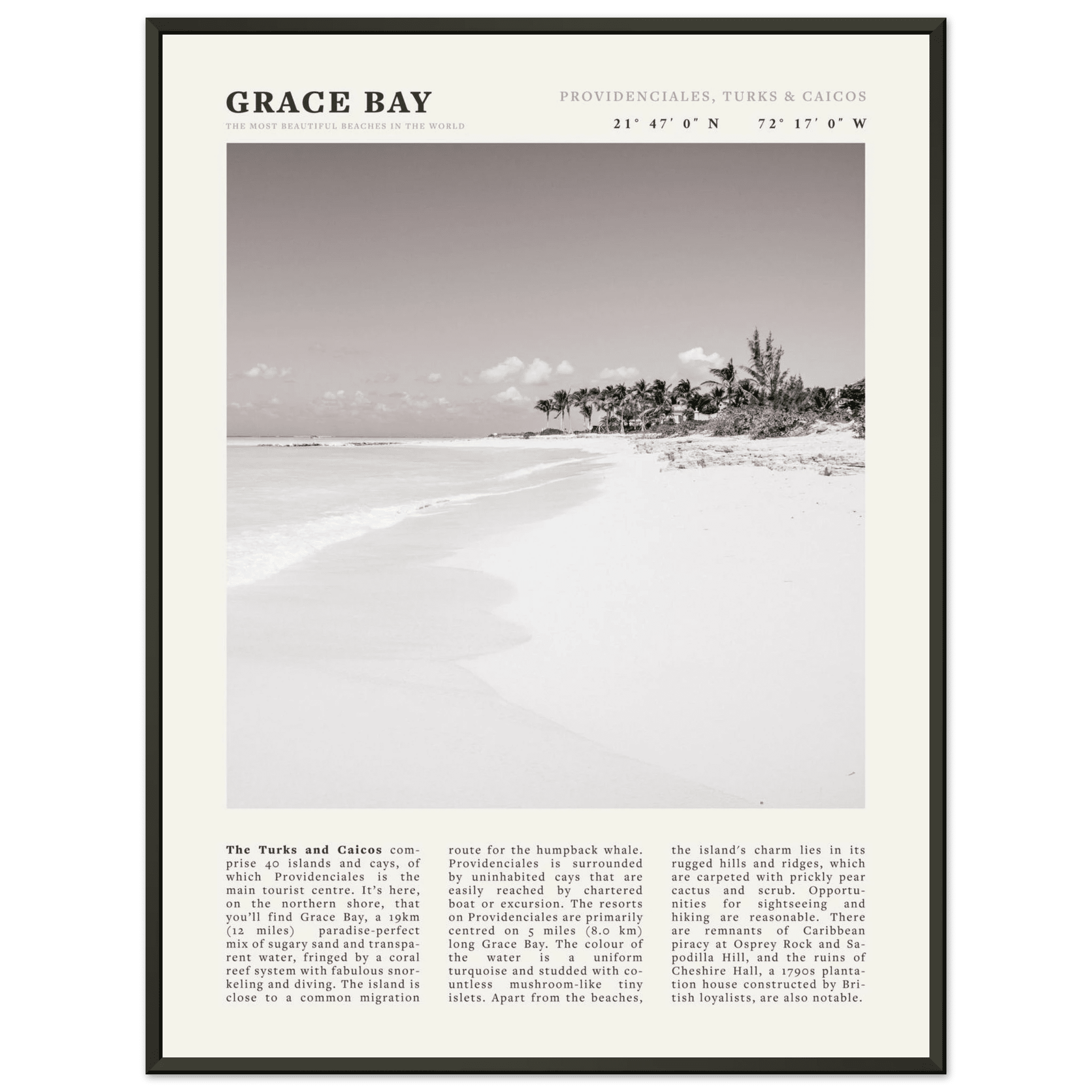 Grace Bay Poster | Black & White Turks & Caicos Wall Art | Caribbean Beach Print - Evergreen Posters