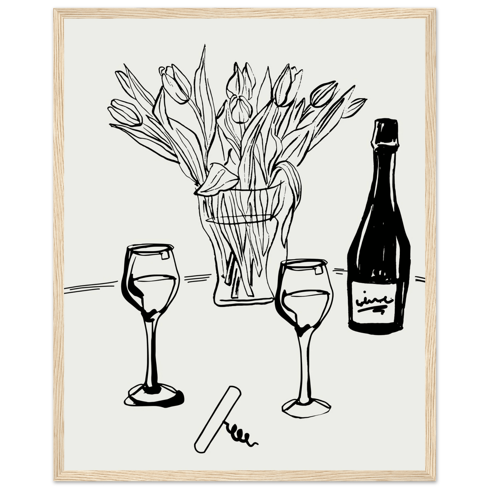 Wine & Tulips Print | Black Line Art Wine Bottle Wall Art | Minimalist Kitchen Poster - Evergreen Posters