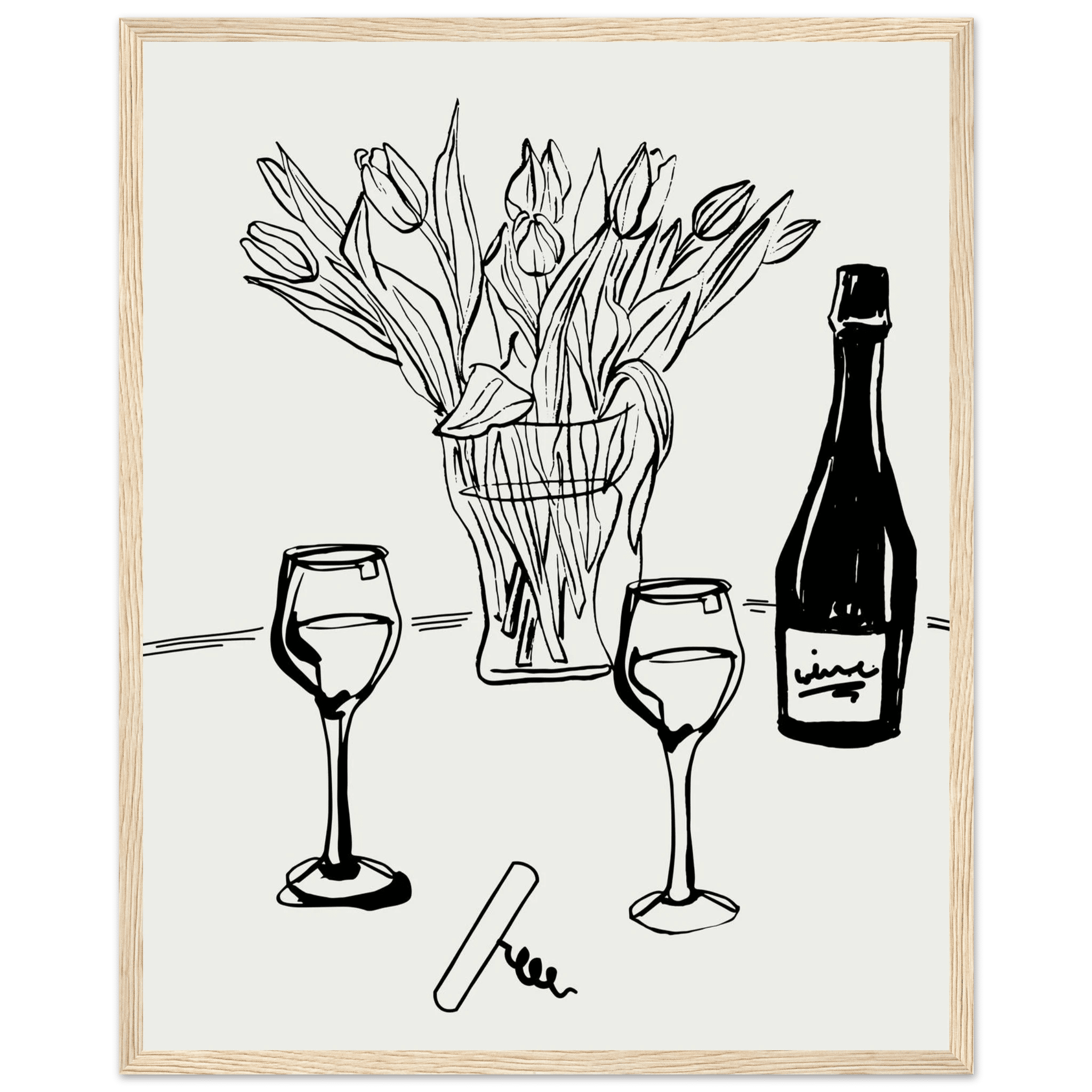 Wine & Tulips Print | Black Line Art Wine Bottle Wall Art | Minimalist Kitchen Poster - Evergreen Posters