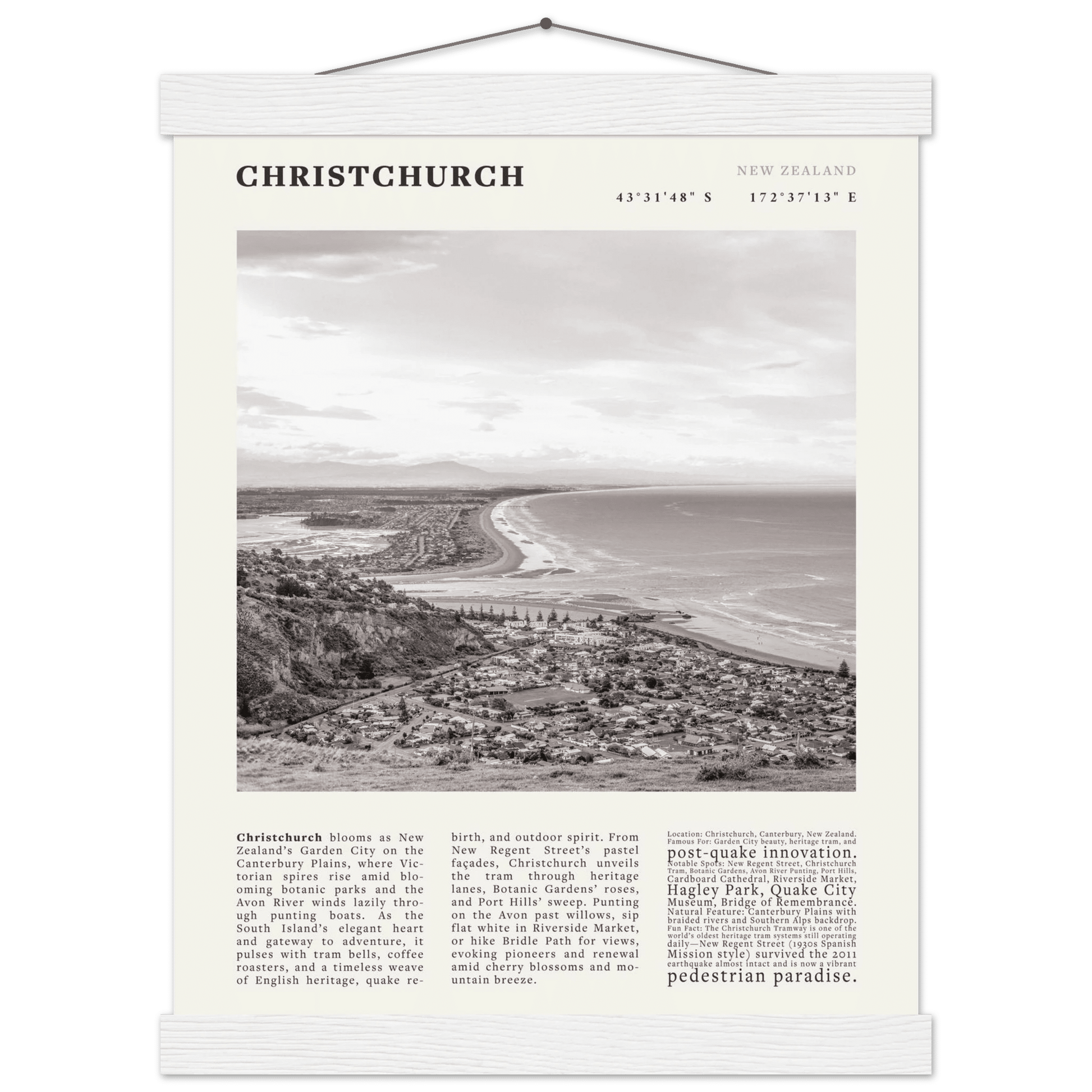 Christchurch New Zealand Poster Black and White – Vintage Garden City Panorama Print - Evergreen Posters