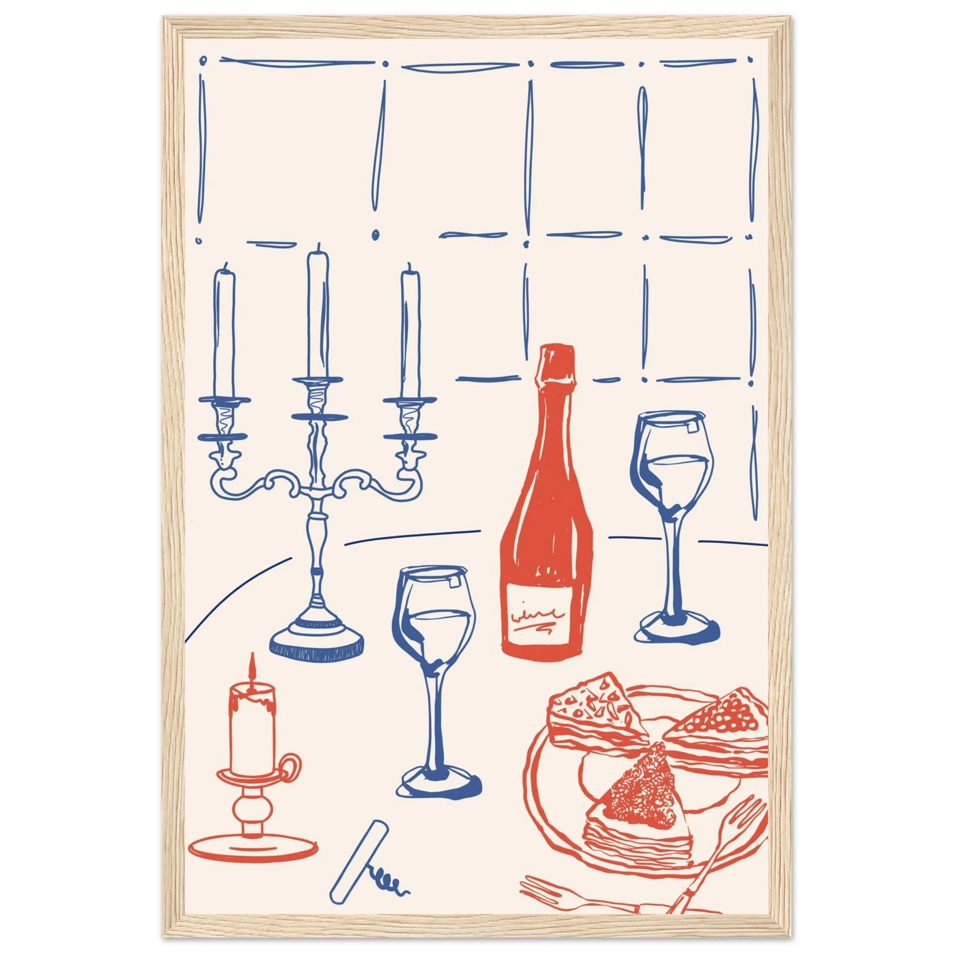 Candlelight Dinner Print | Wine & Candelabra Line Art Wall Art | Kitchen Poster - Evergreen Posters