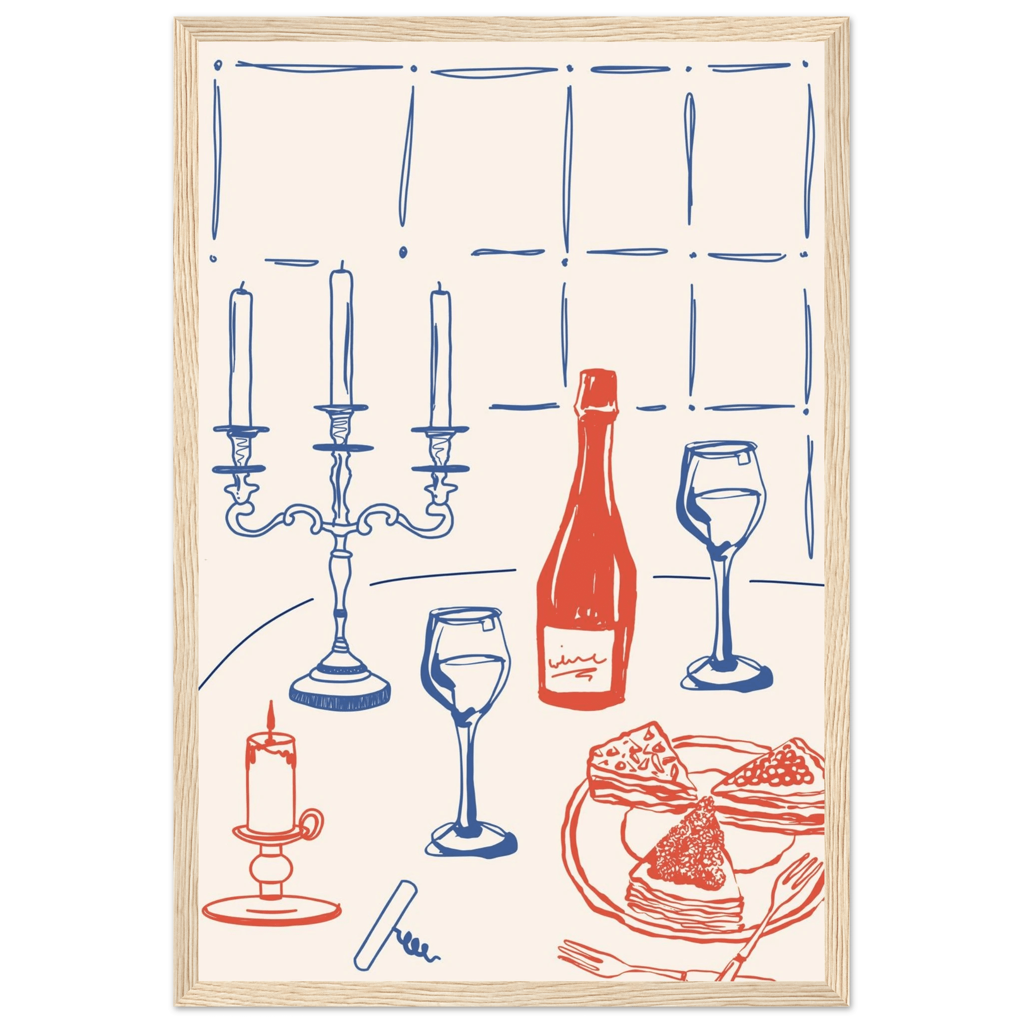 Candlelight Dinner Print | Wine & Candelabra Line Art Wall Art | Kitchen Poster - Evergreen Posters