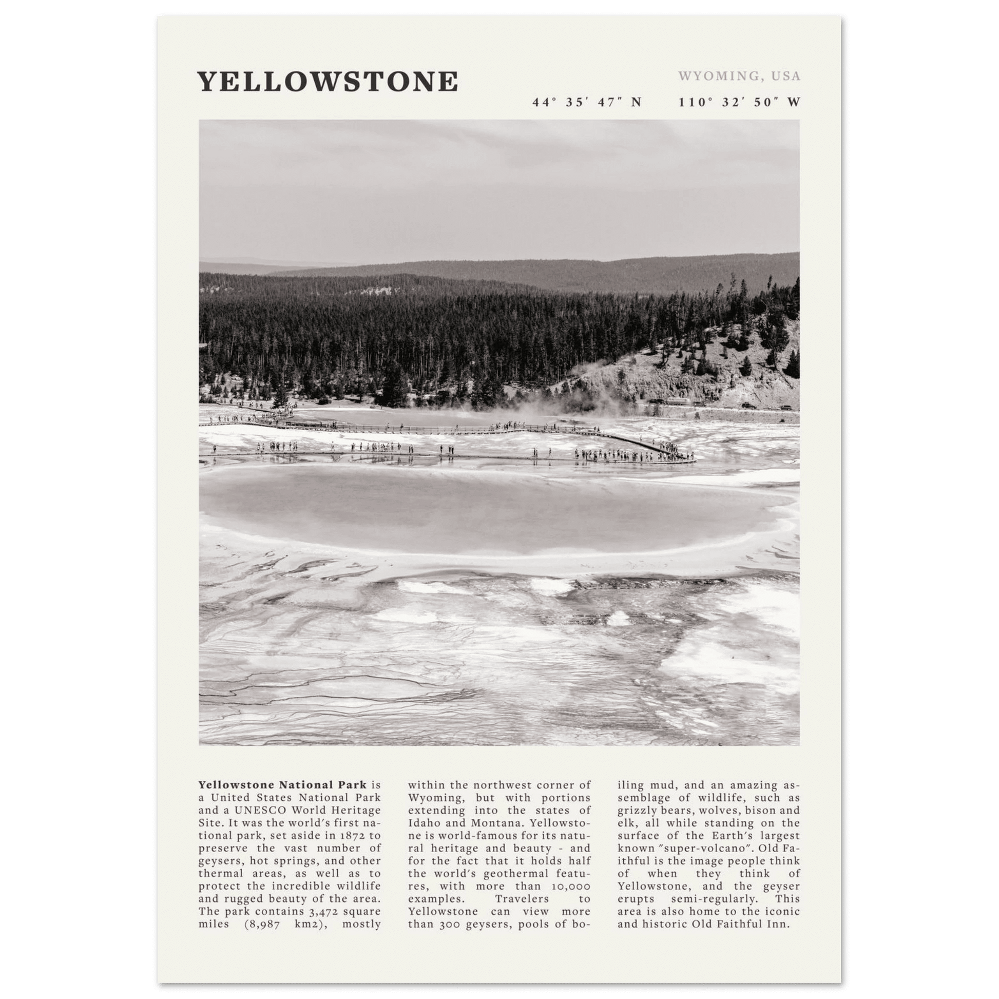 Yellowstone Poster | Black & White Grand Prismatic Spring Wall Art | WY Print - Evergreen Posters
