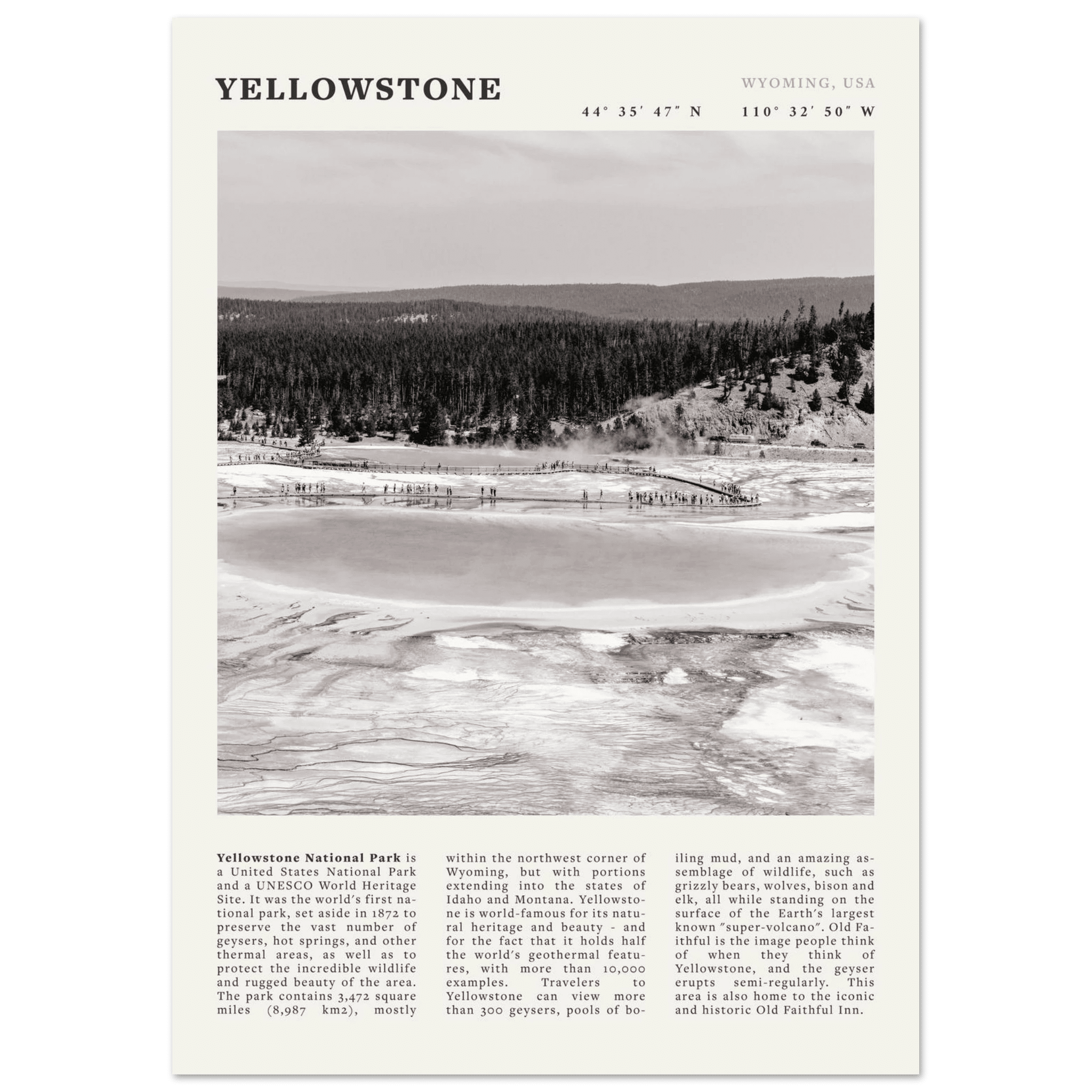 Yellowstone Poster | Black & White Grand Prismatic Spring Wall Art | WY Print - Evergreen Posters