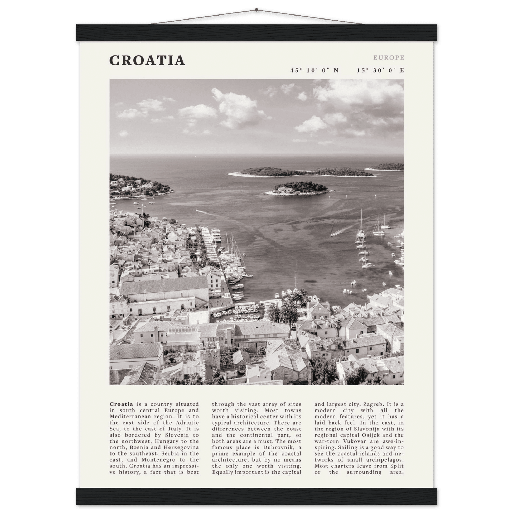 Croatia Poster | Black & White Hvar Island Wall Art | Adriatic Travel Print Decor - Evergreen Posters