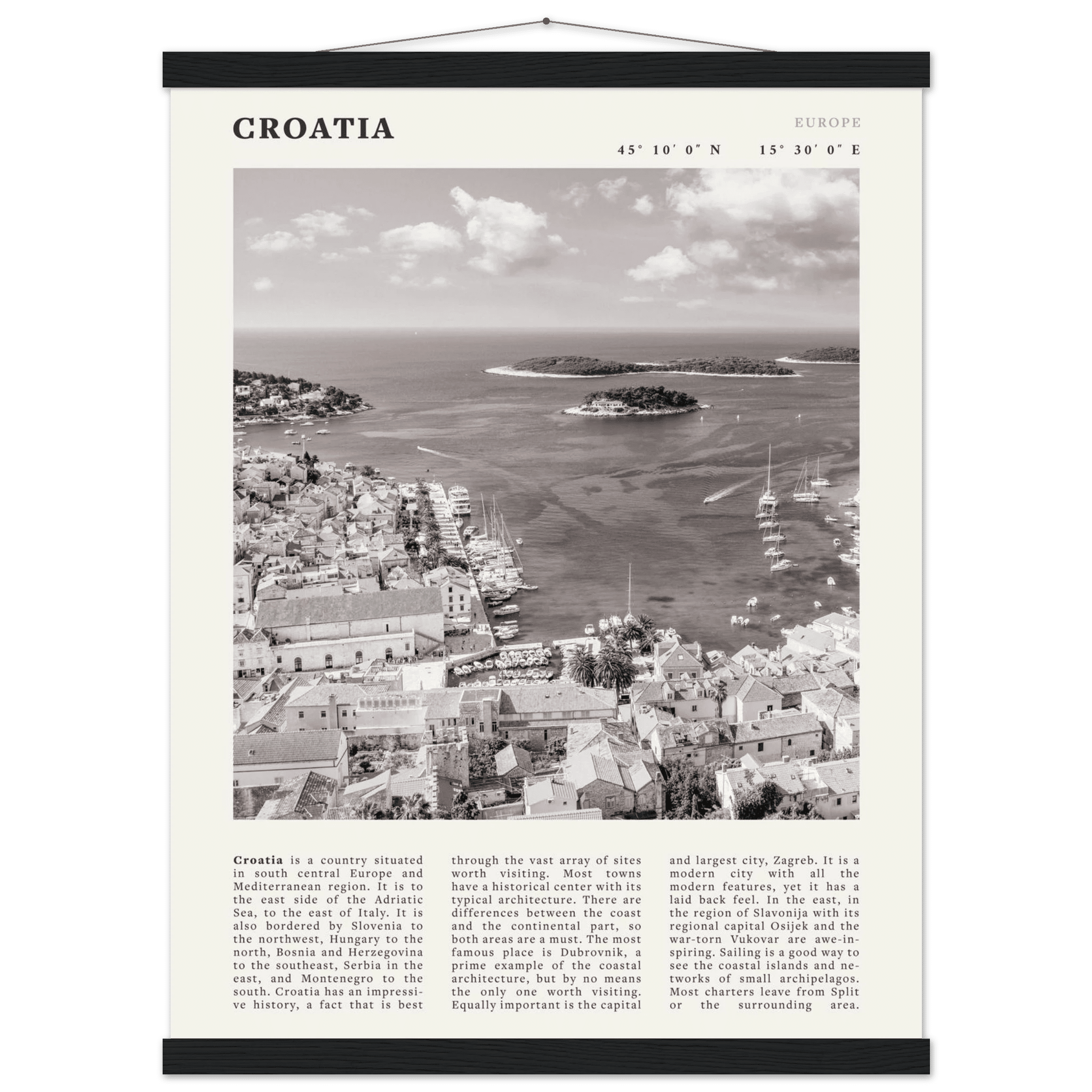 Croatia Poster | Black & White Hvar Island Wall Art | Adriatic Travel Print Decor - Evergreen Posters