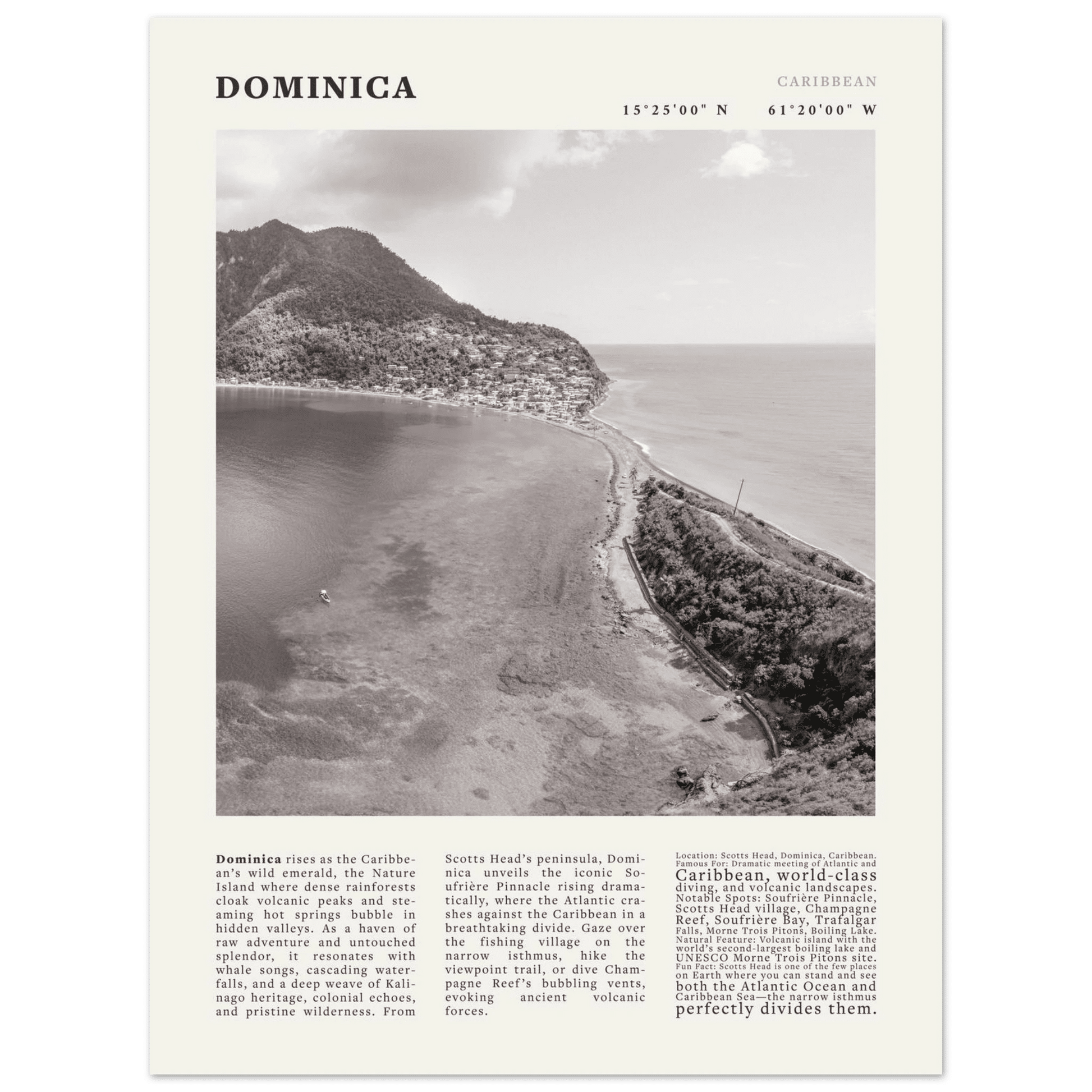 Dominica Poster Black and White – Vintage Caribbean Rainforest Island Print (Digital & Printed Options) - Evergreen Posters