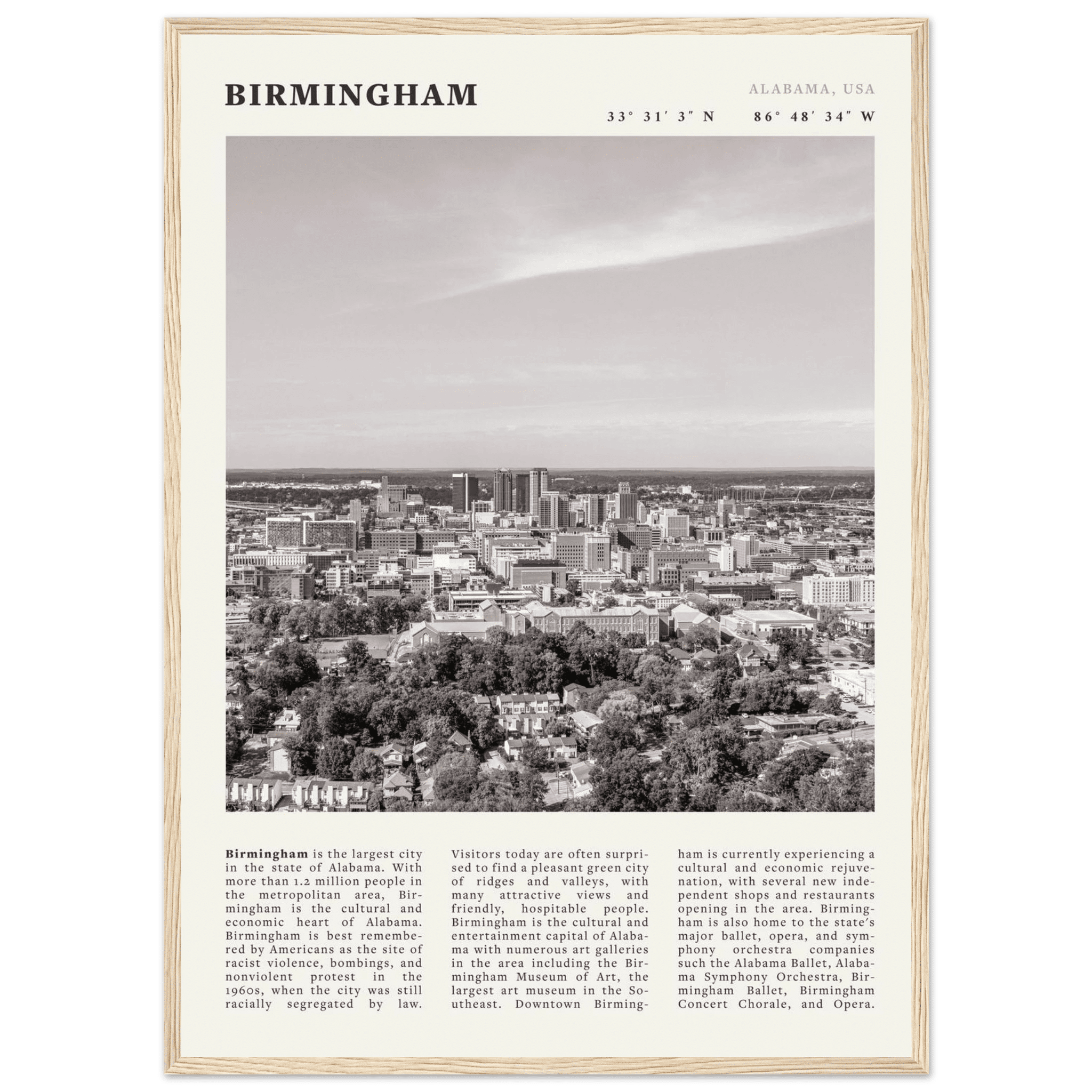 Birmingham Poster | Black & White Alabama Skyline Wall Art | AL Travel Print - Evergreen Posters