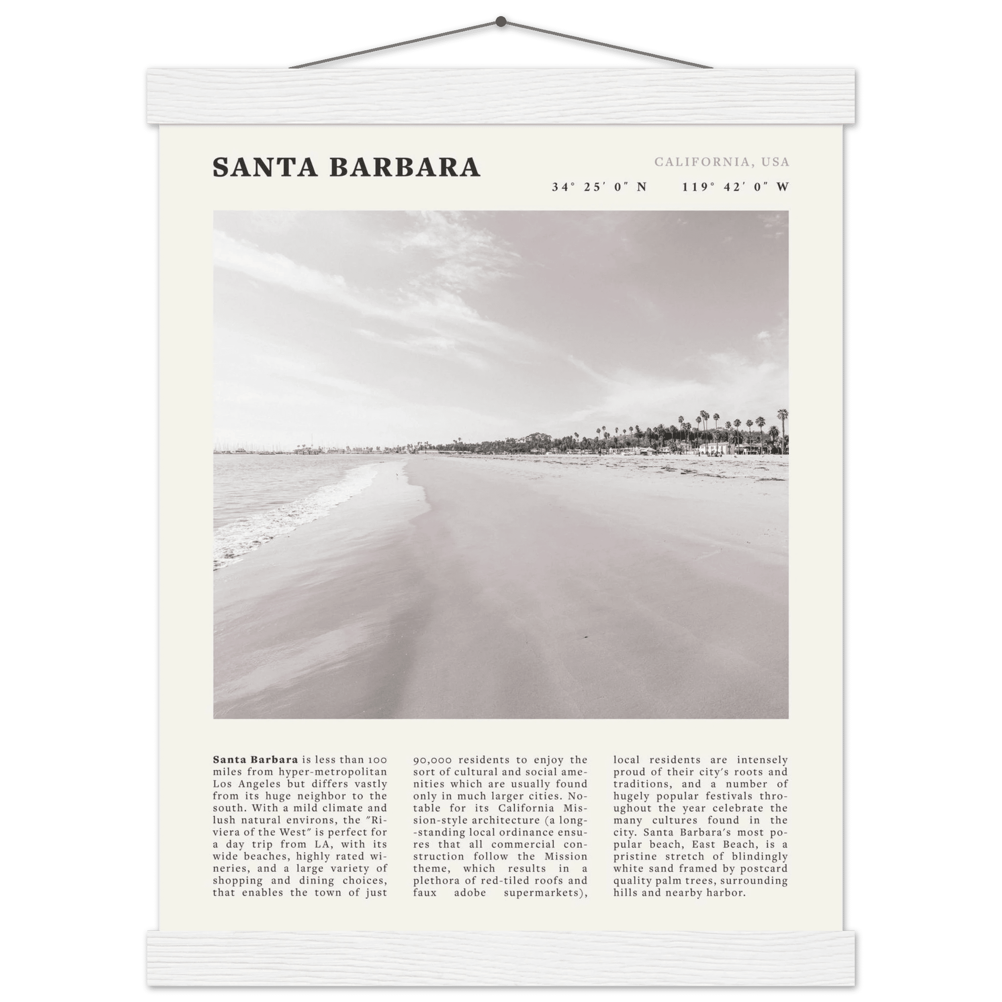 Santa Barbara Poster | Black & White California Beach Wall Art | CA Travel Print - Evergreen Posters