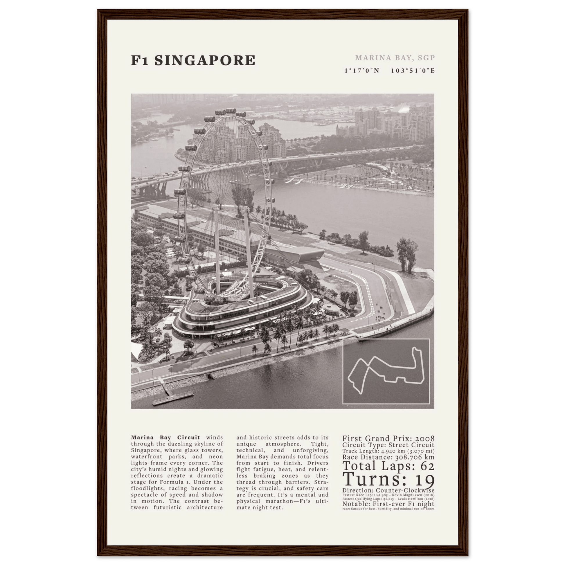 F1 Singapore Poster Black and White – Vintage Marina Bay Night Race Print (Digital & Printed Options) - Evergreen Posters