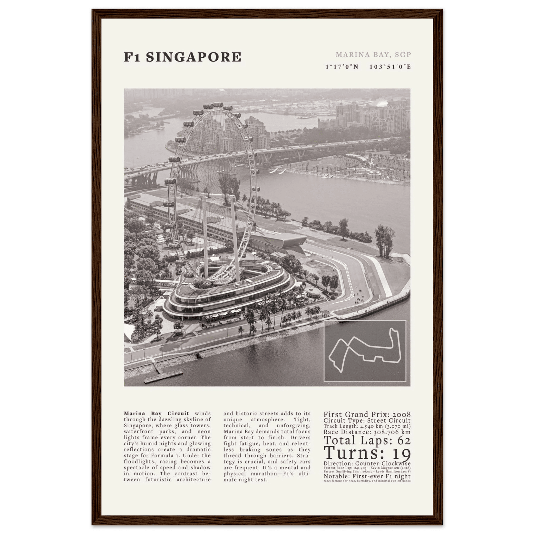 F1 Singapore Poster Black and White – Vintage Marina Bay Night Race Print (Digital & Printed Options) - Evergreen Posters