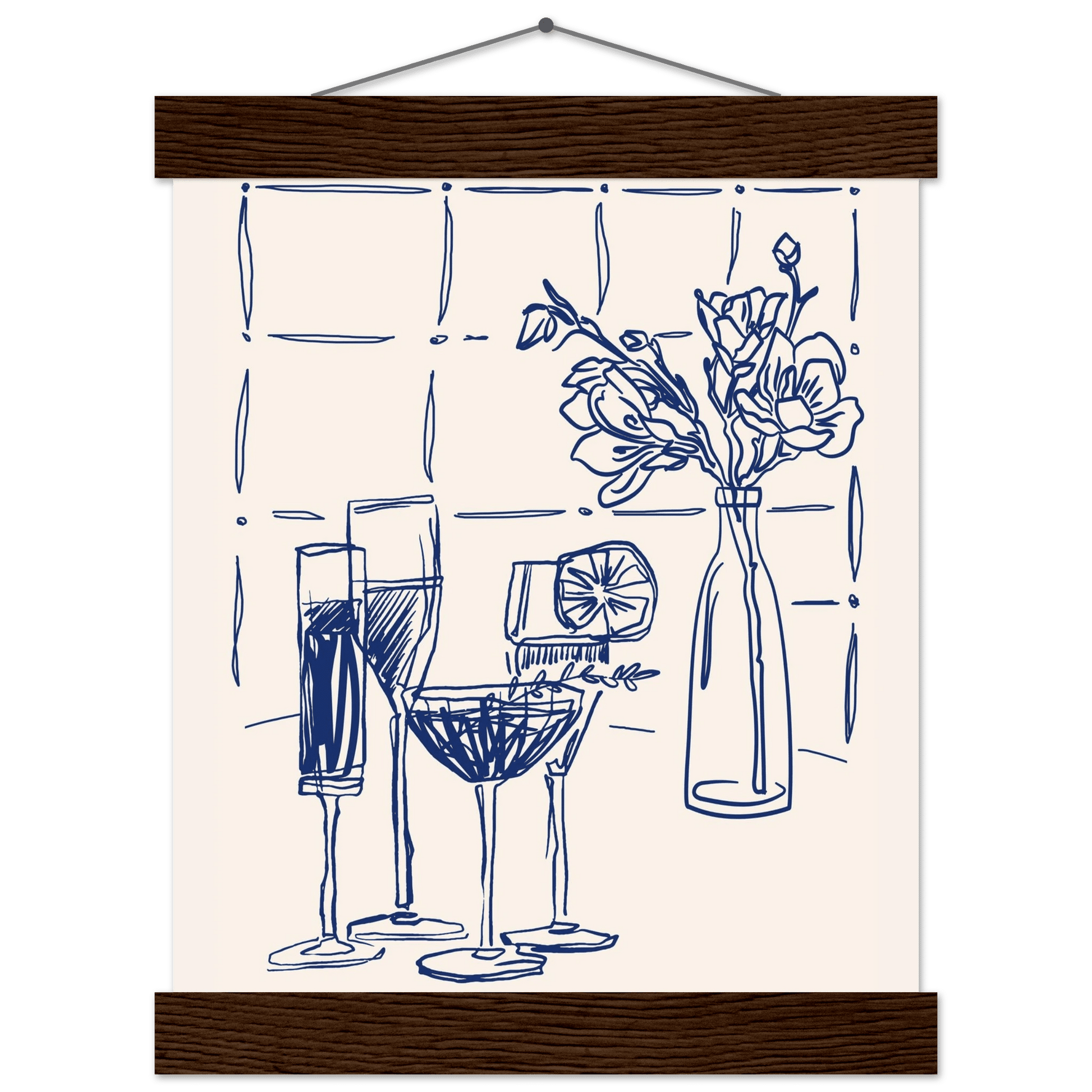 Cocktails & Flowers Print | Navy Blue Line Art Drinks Wall Art | Kitchen Bar Poster - Evergreen Posters