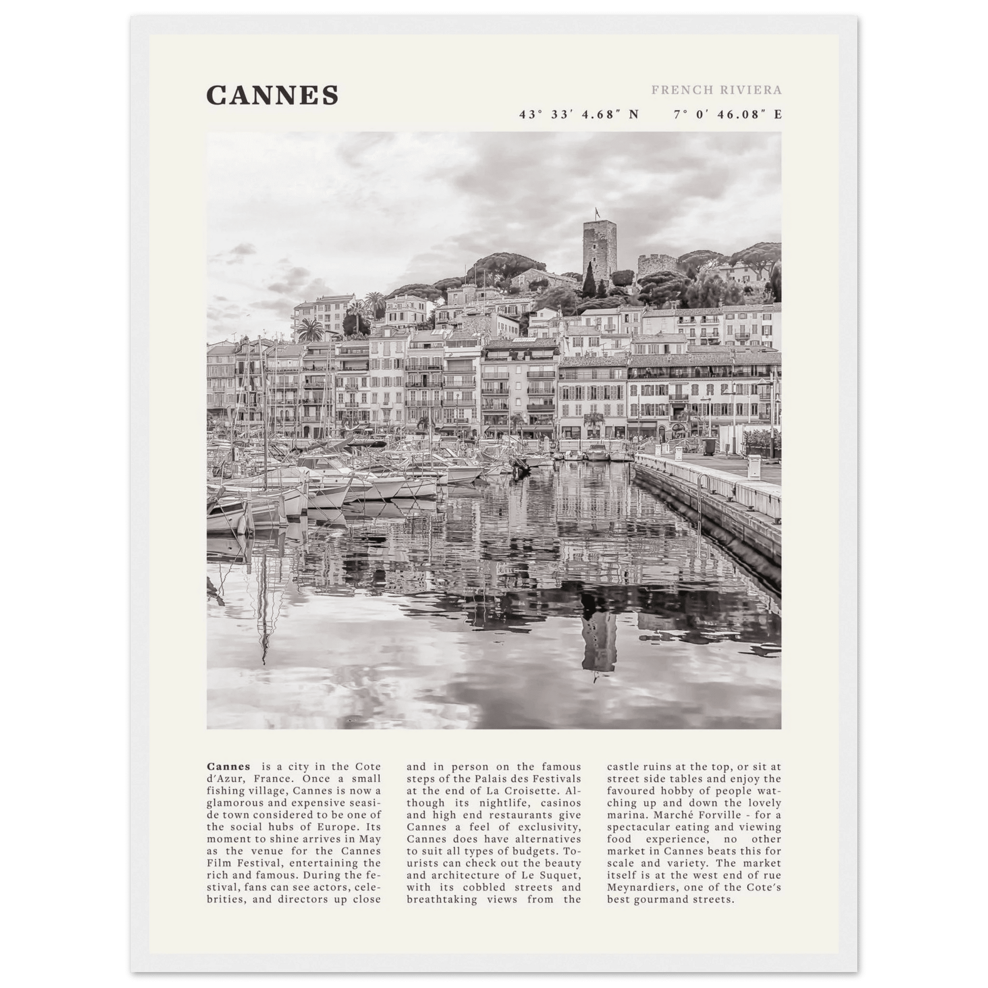 Cannes Poster | Black & White French Riviera Wall Art | France Travel Print - Evergreen Posters