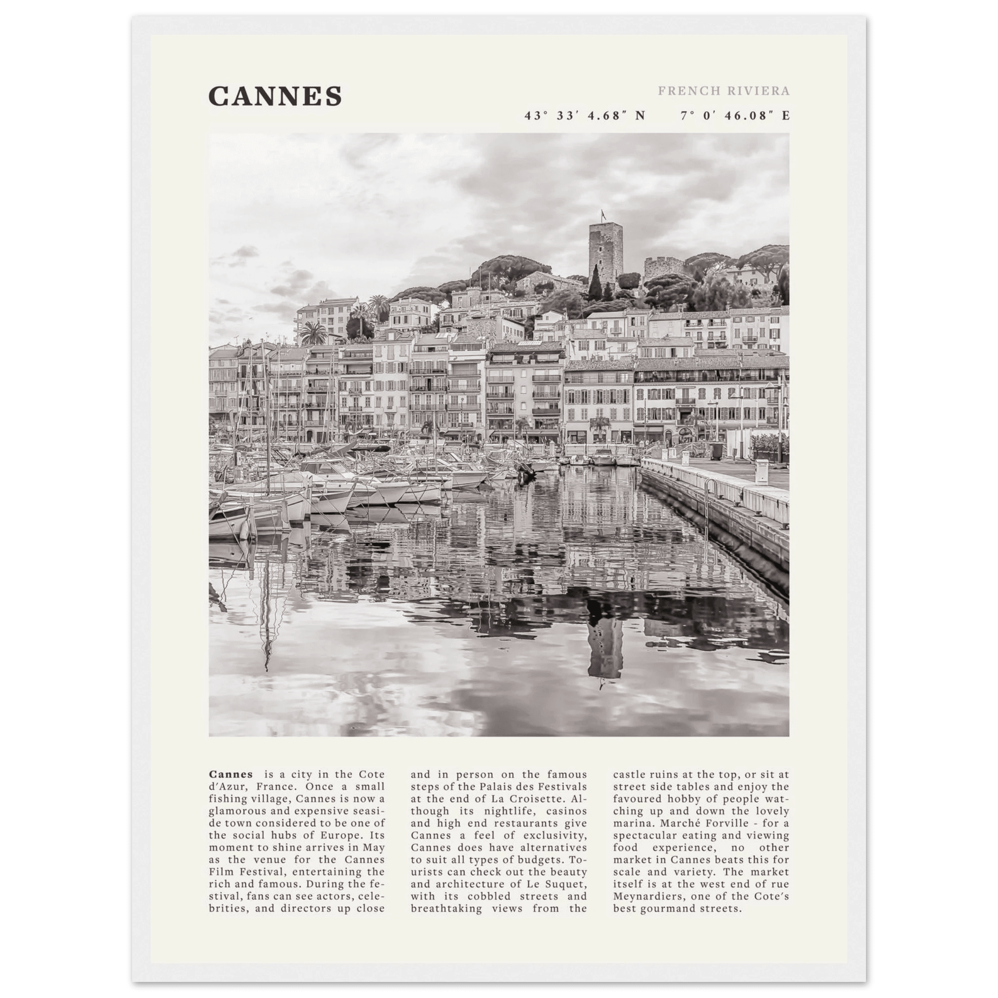 Cannes Poster | Black & White French Riviera Wall Art | France Travel Print - Evergreen Posters