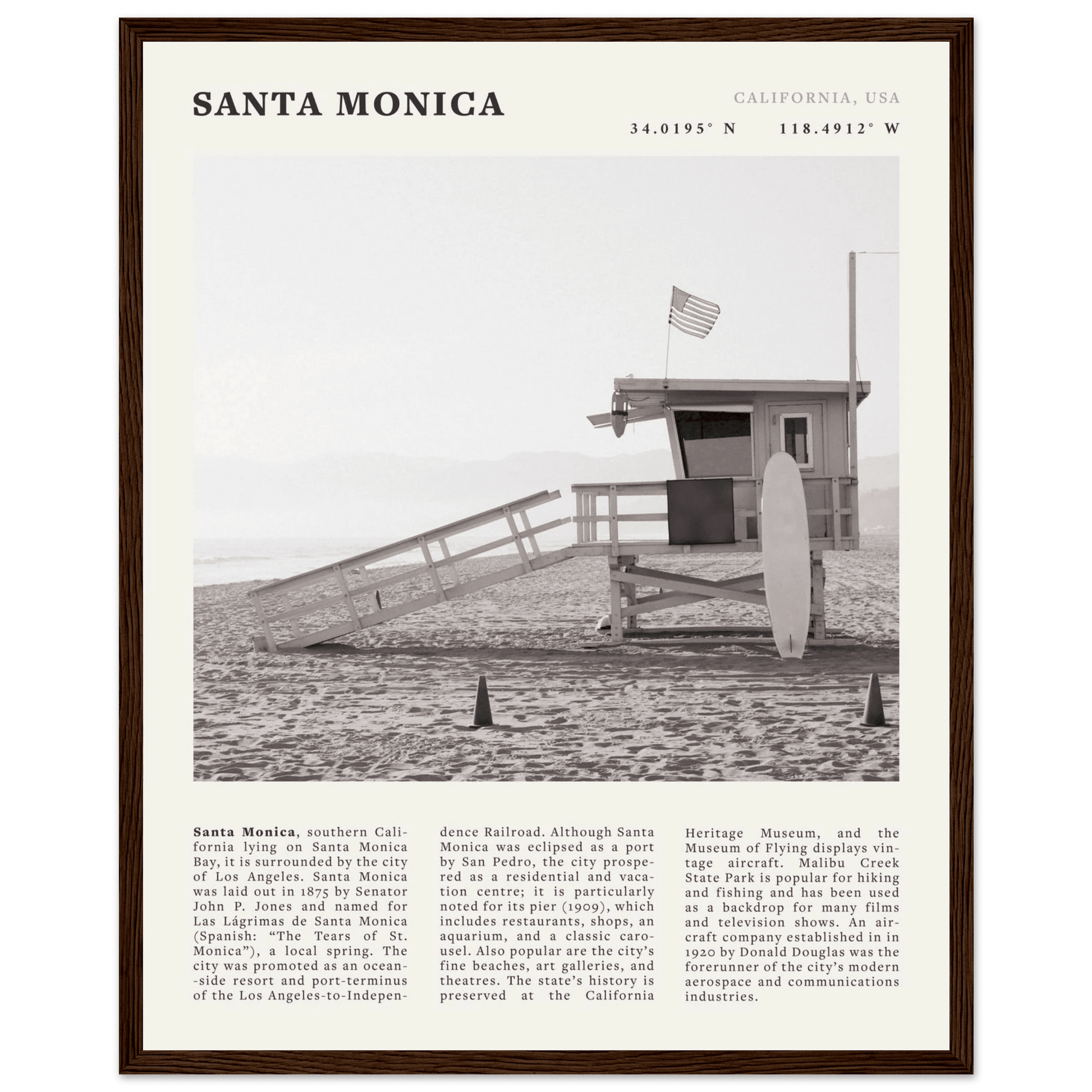 Santa Monica Poster | Black & White California Wall Art | Beach Travel Print | Coastal Decor - Evergreen Posters