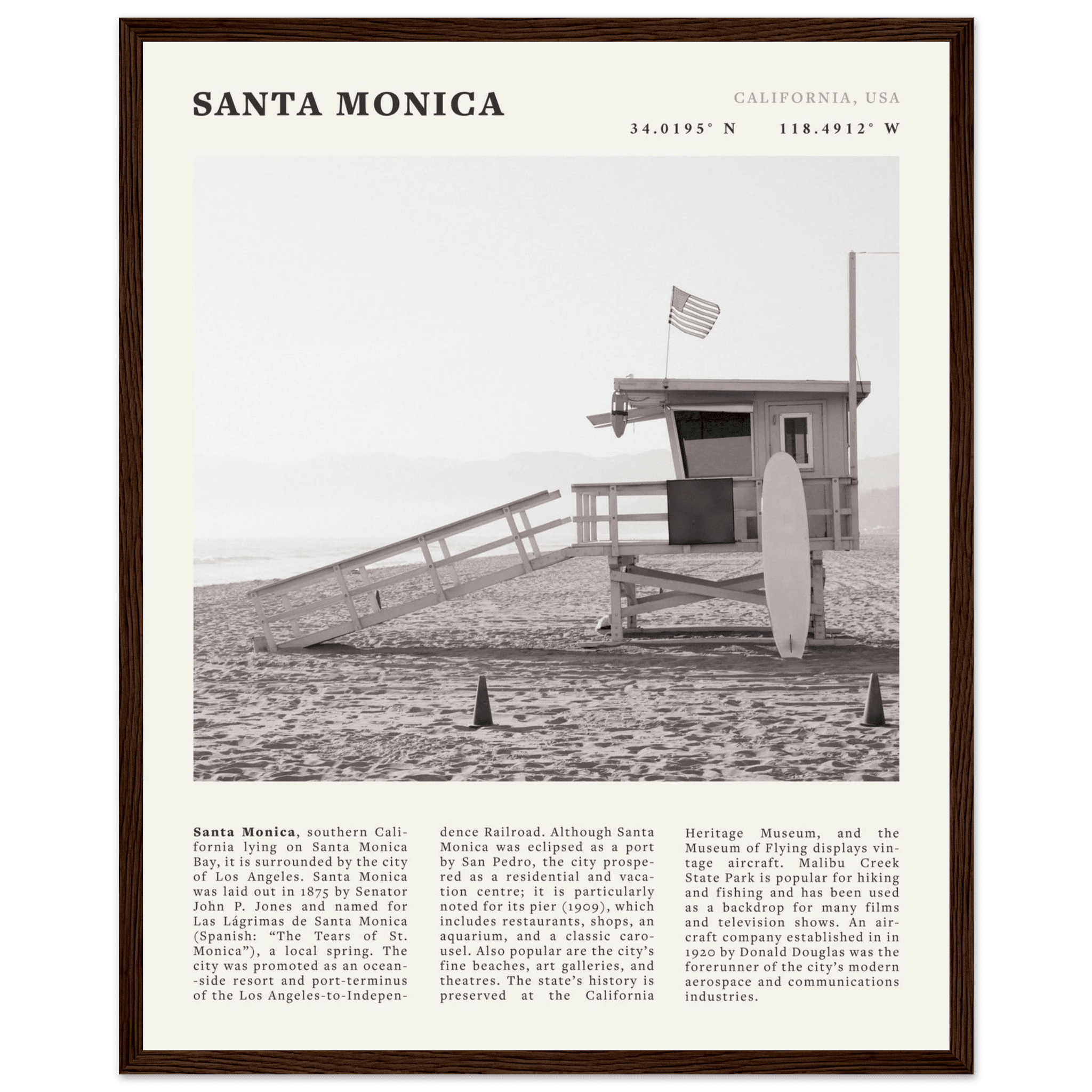 Santa Monica Poster | Black & White California Wall Art | Beach Travel Print | Coastal Decor - Evergreen Posters