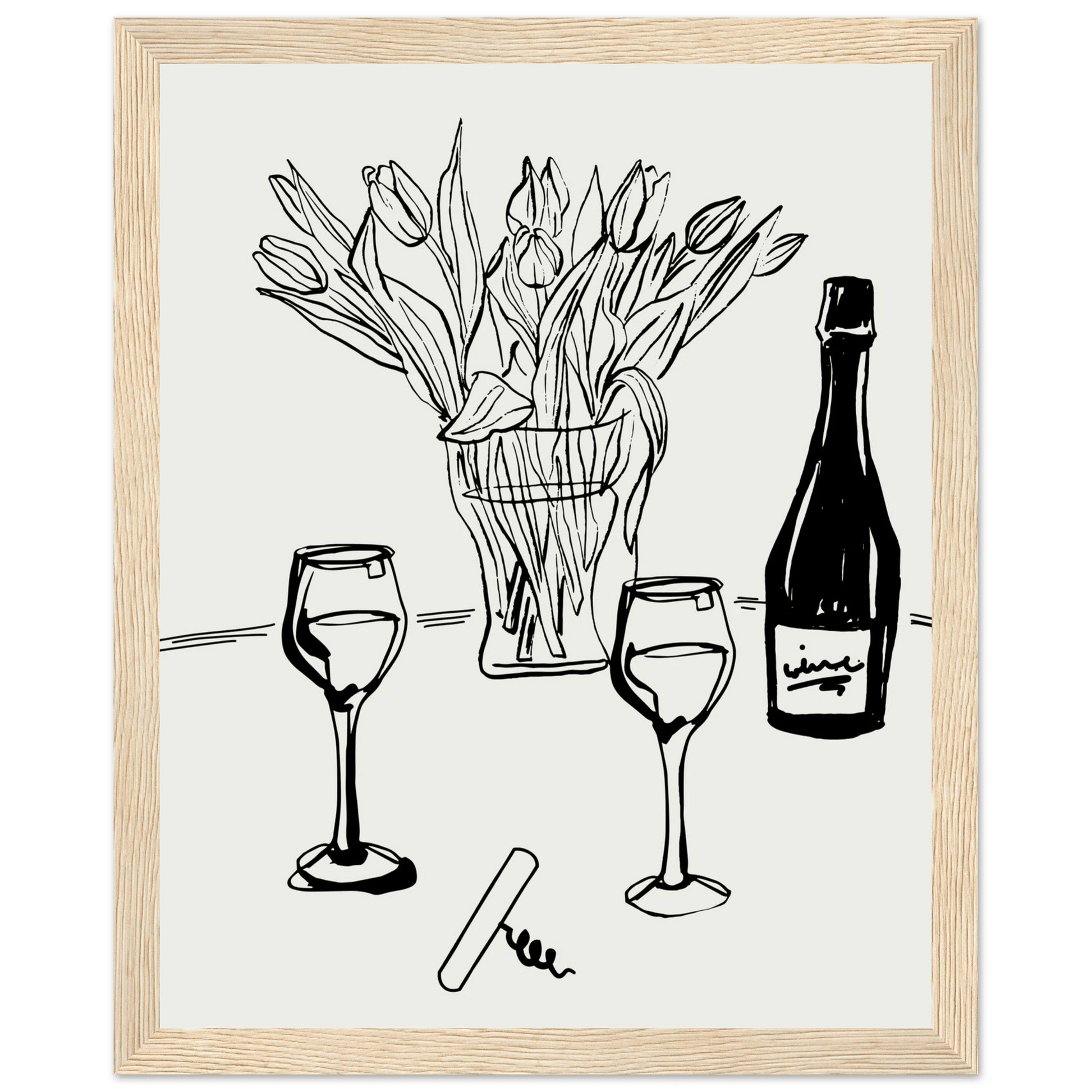 Wine & Tulips Print | Black Line Art Wine Bottle Wall Art | Minimalist Kitchen Poster - Evergreen Posters
