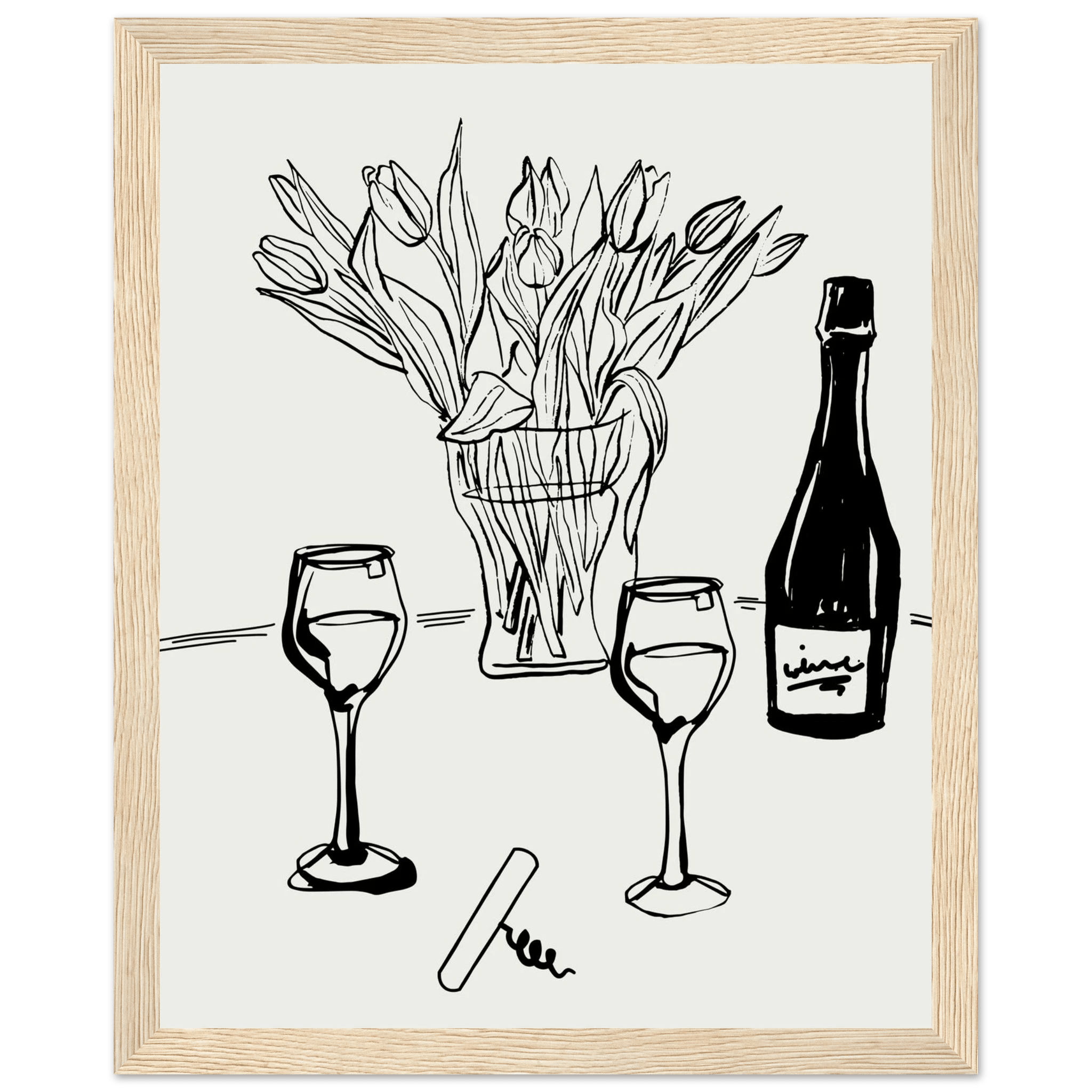 Wine & Tulips Print | Black Line Art Wine Bottle Wall Art | Minimalist Kitchen Poster - Evergreen Posters