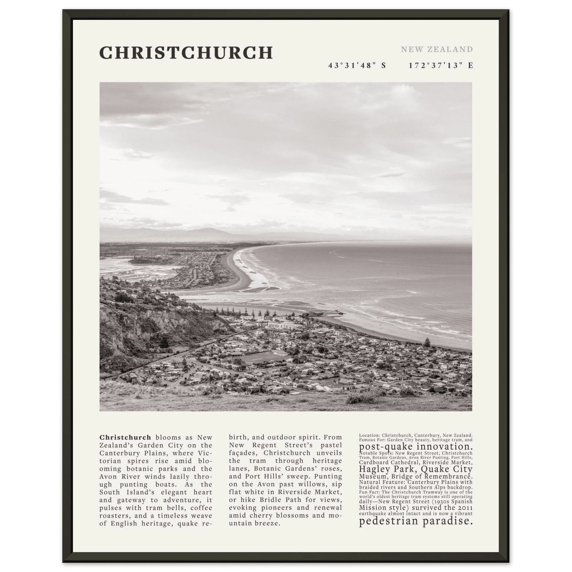 Christchurch New Zealand Poster Black and White – Vintage Garden City Panorama Print - Evergreen Posters