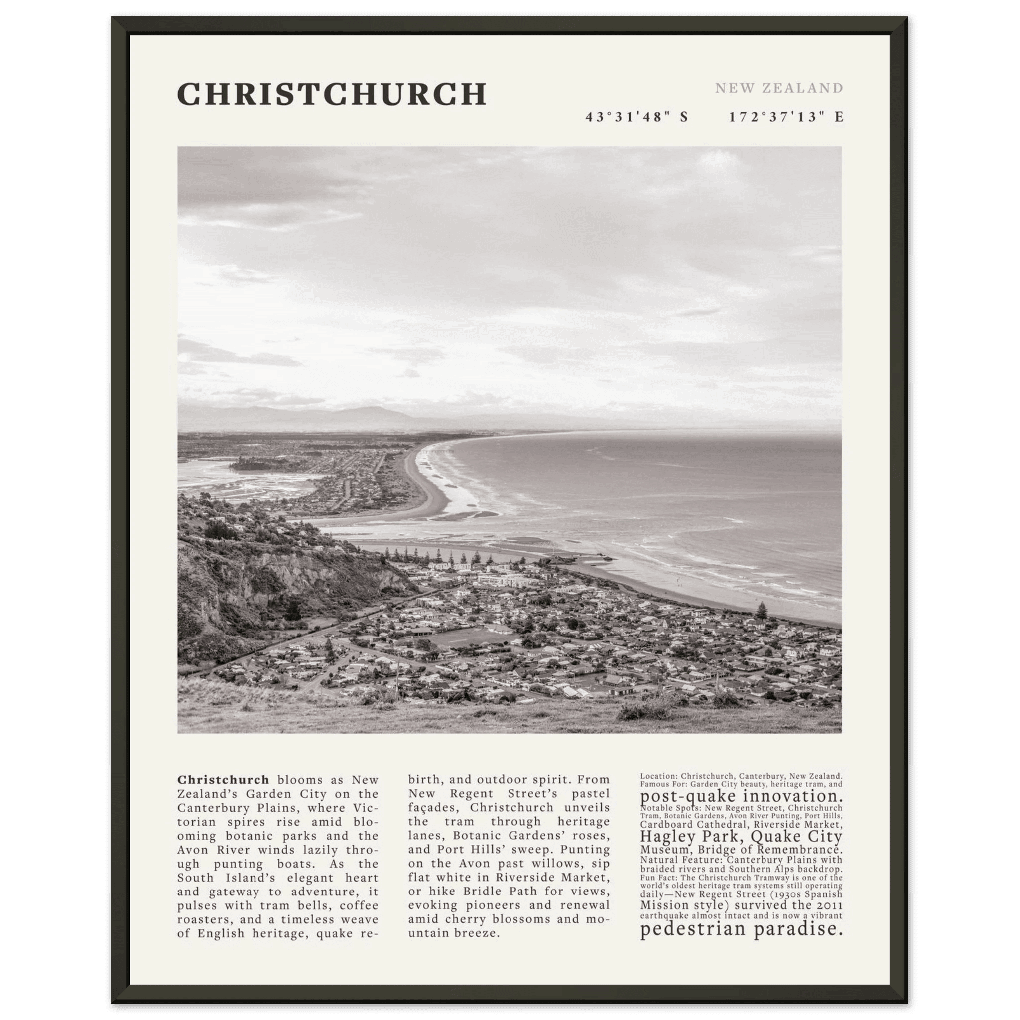 Christchurch New Zealand Poster Black and White – Vintage Garden City Panorama Print - Evergreen Posters