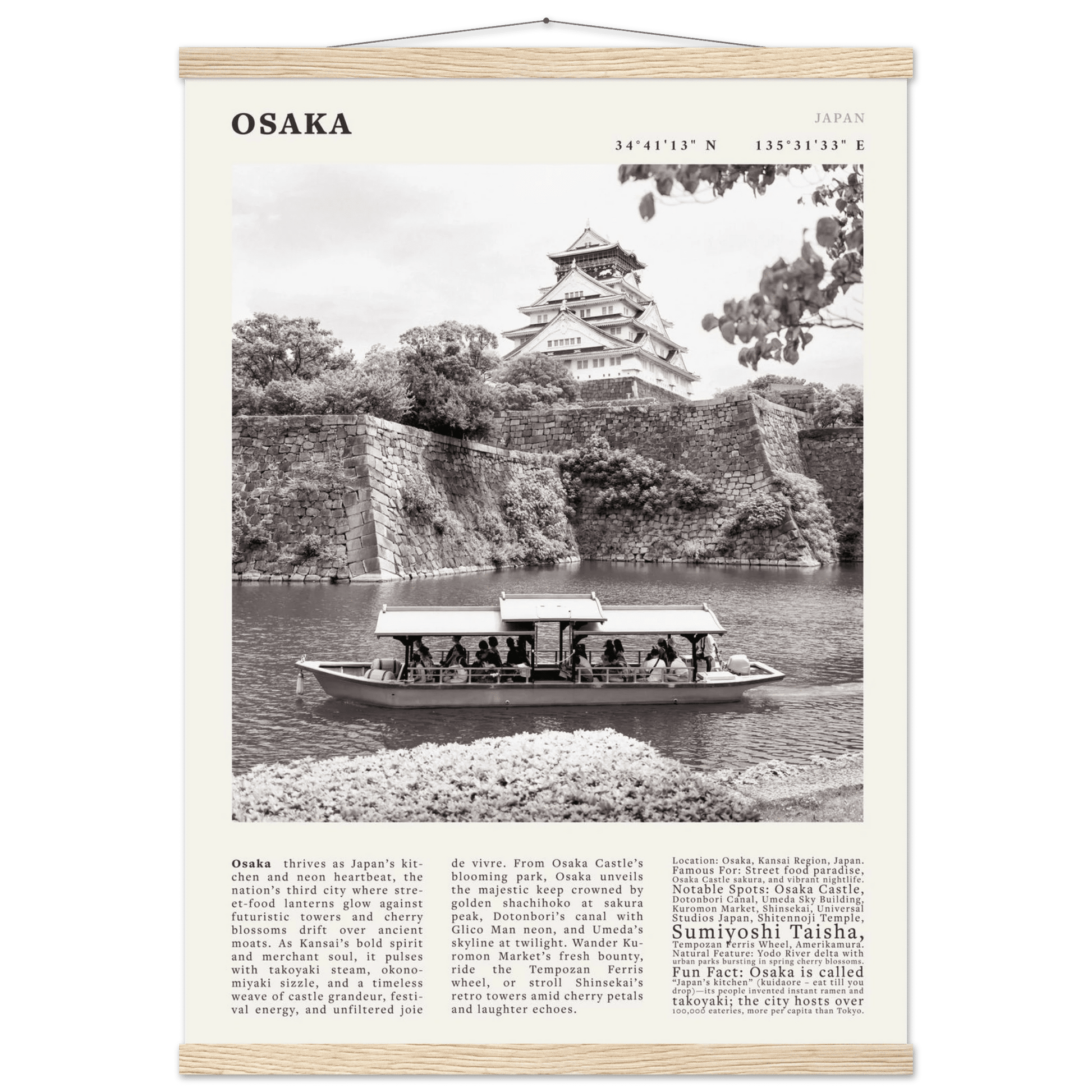 Osaka Poster Black and White – Vintage Osaka Castle Cherry Blossom Print (Digital & Printed Options) - Evergreen Posters
