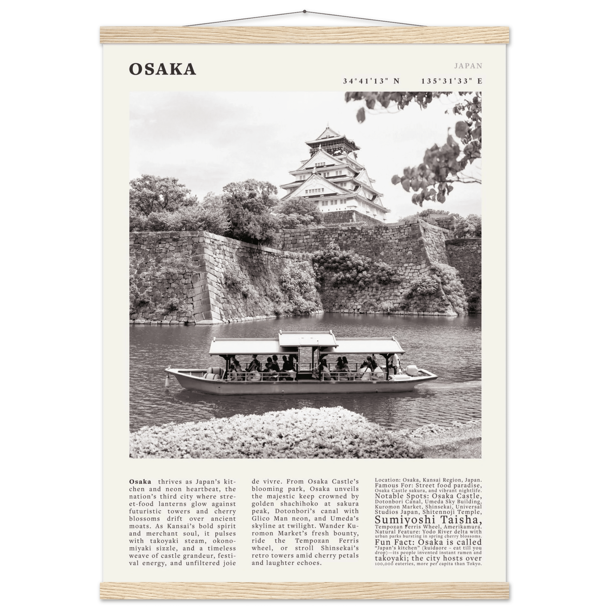 Osaka Poster Black and White – Vintage Osaka Castle Cherry Blossom Print (Digital & Printed Options) - Evergreen Posters