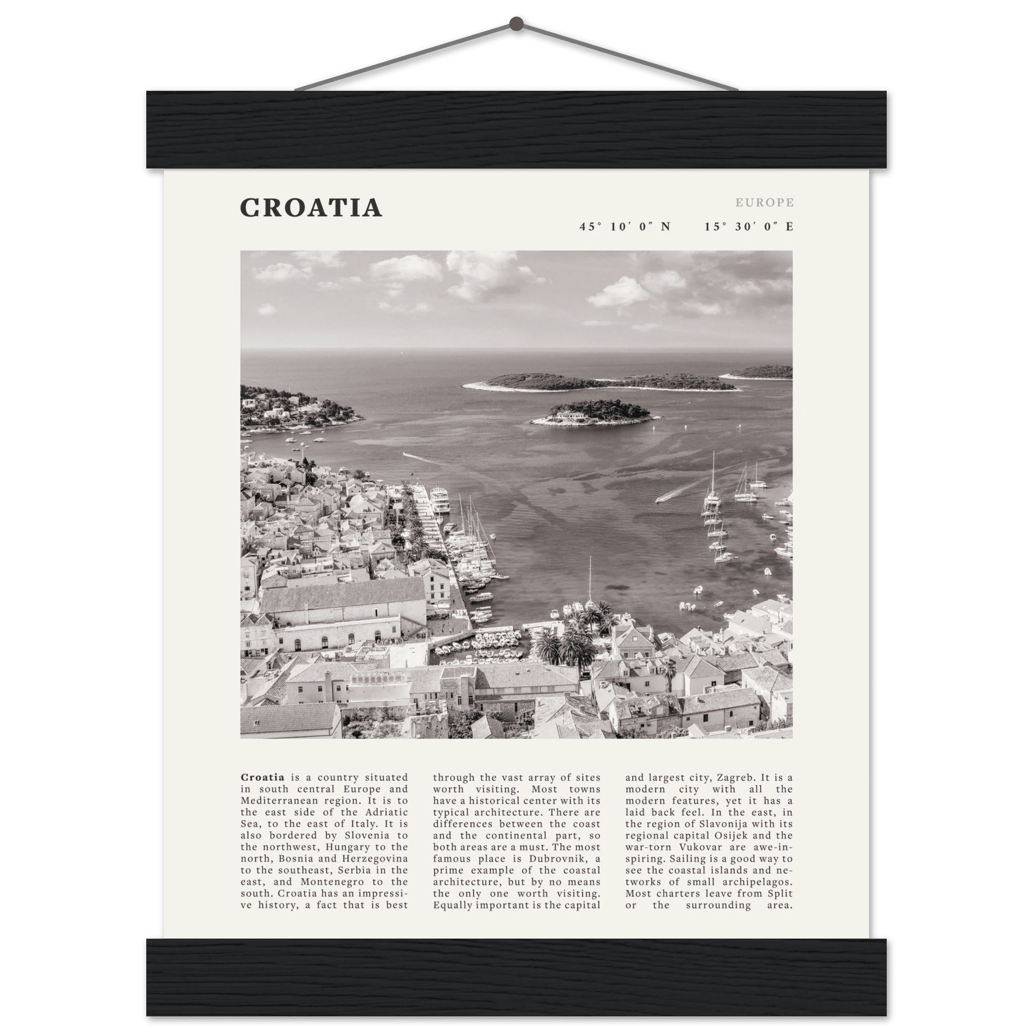 Croatia Poster | Black & White Hvar Island Wall Art | Adriatic Travel Print Decor - Evergreen Posters