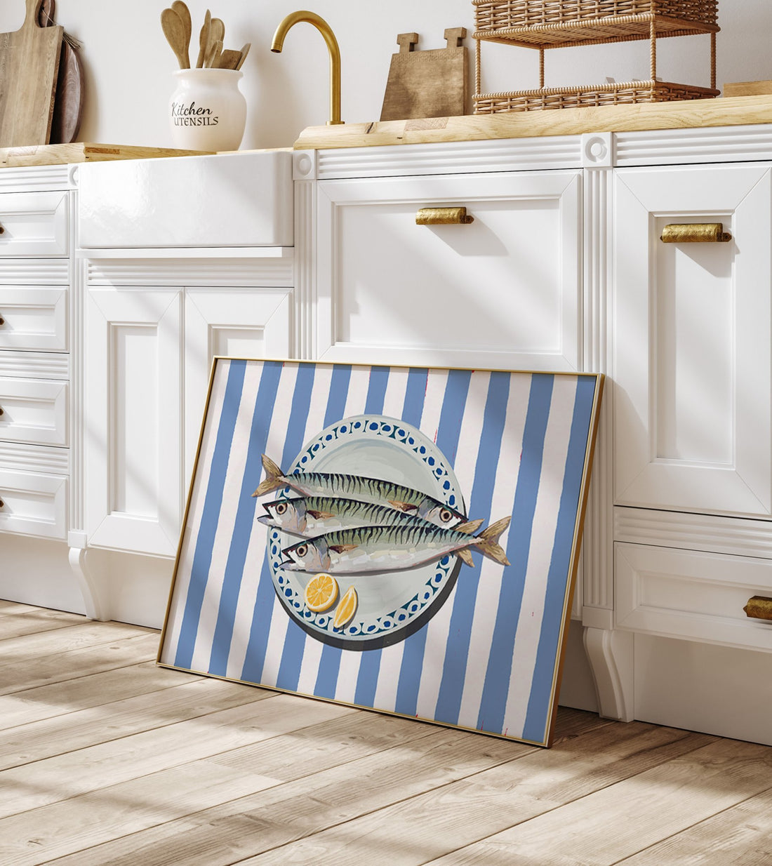 Sardines Print | Blue Stripe Fish Kitchen Wall Art | Coastal Food Poster - Evergreen Posters