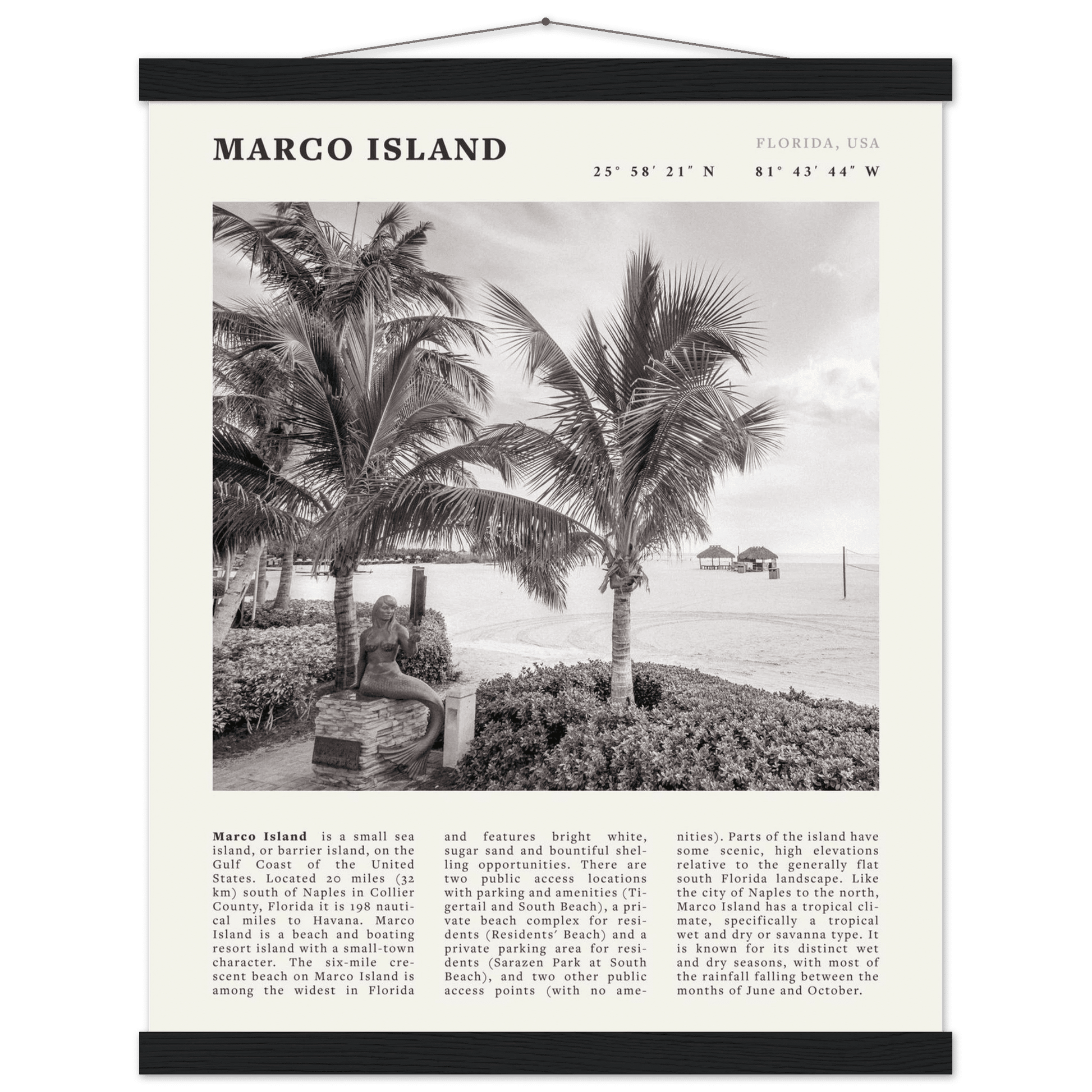 Marco Island Poster | Black & White Florida Beach Wall Art | Coastal Travel Print - Evergreen Posters