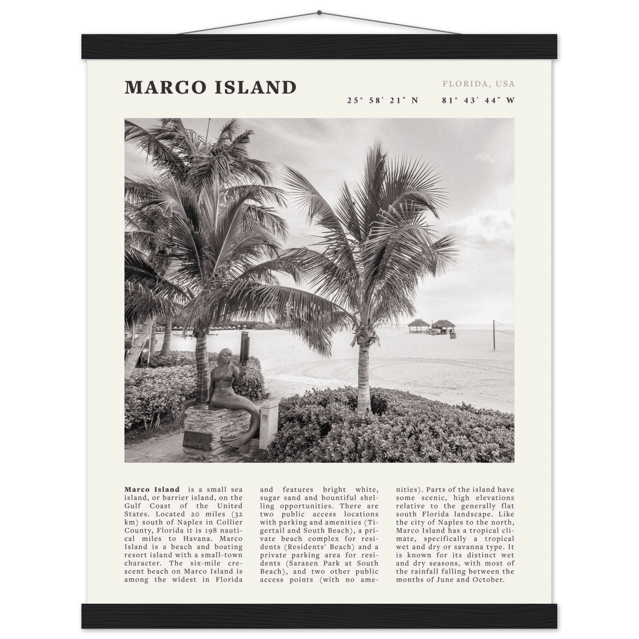 Marco Island Poster | Black & White Florida Beach Wall Art | Coastal Travel Print - Evergreen Posters