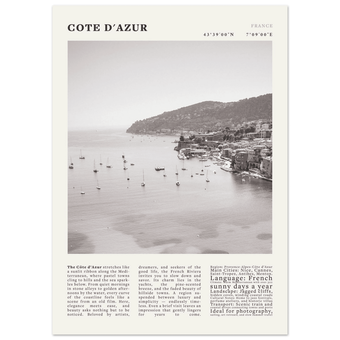 Côte d'Azur Poster Black and White – Vintage French Riviera Coast Print (Digital & Printed Options) - Evergreen Posters