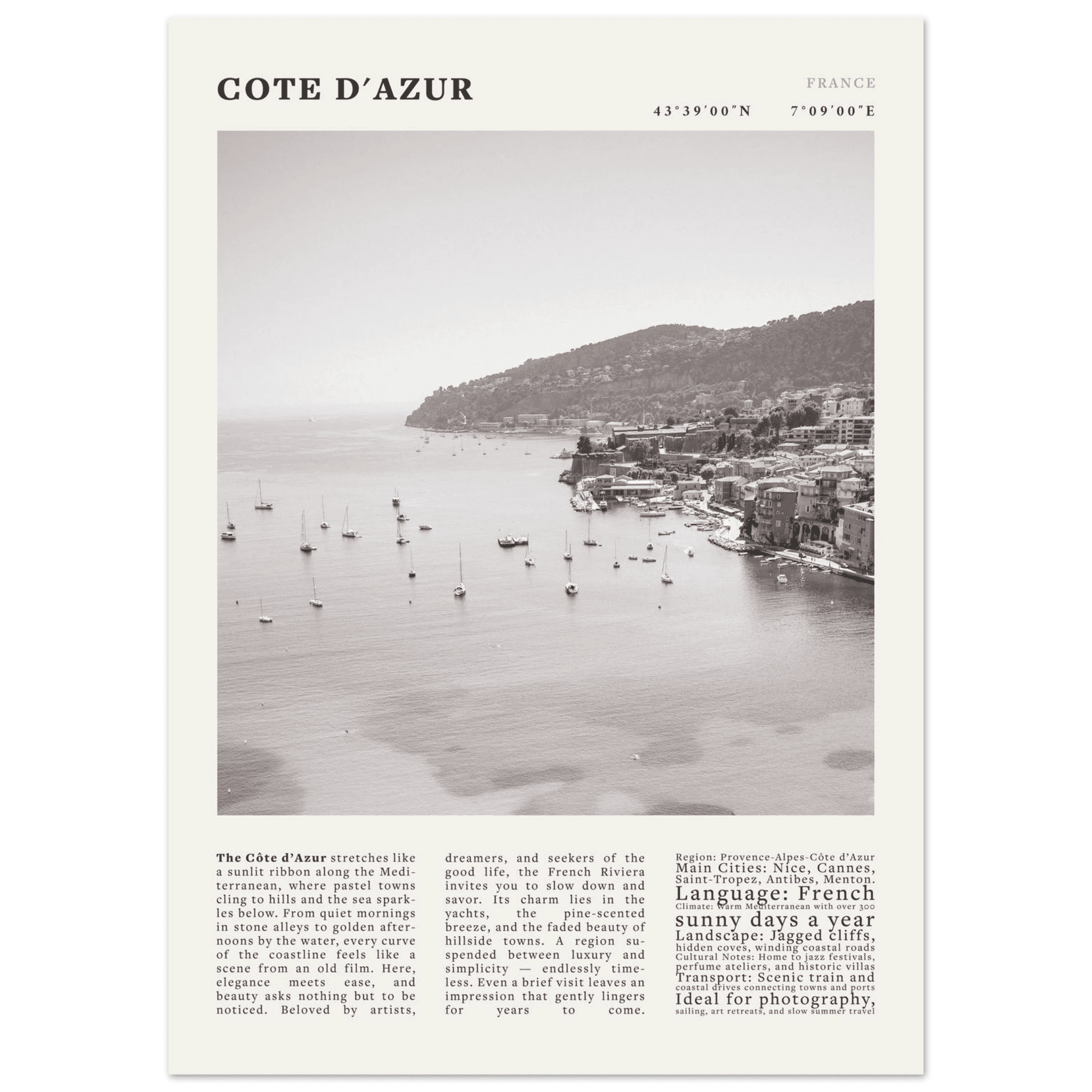 Côte d'Azur Poster Black and White – Vintage French Riviera Coast Print (Digital & Printed Options) - Evergreen Posters