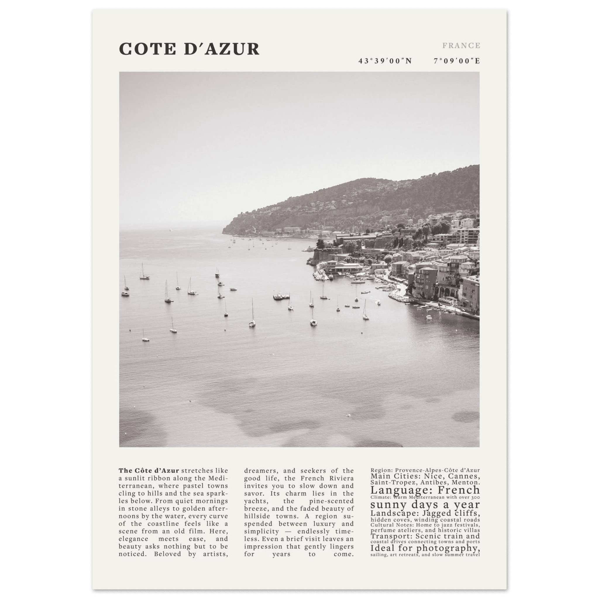 Côte d'Azur Poster Black and White – Vintage French Riviera Coast Print (Digital & Printed Options) - Evergreen Posters