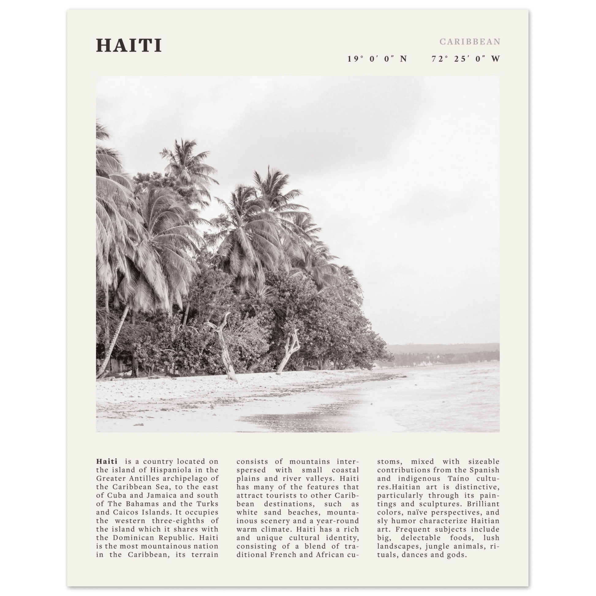 Haiti Poster | Black & White Caribbean Beach Wall Art | Tropical Travel Print - Evergreen Posters