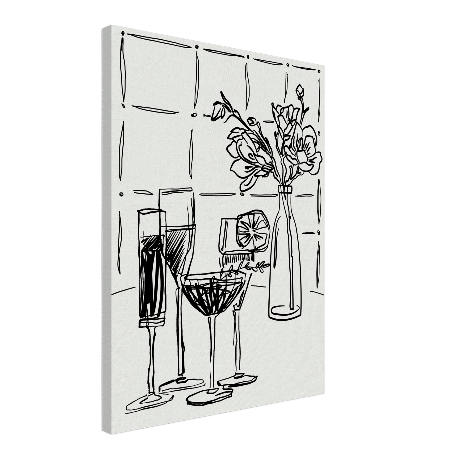 Cocktails & Flowers Print | Black Line Art Drinks Wall Art | Kitchen Bar Poster - Evergreen Posters