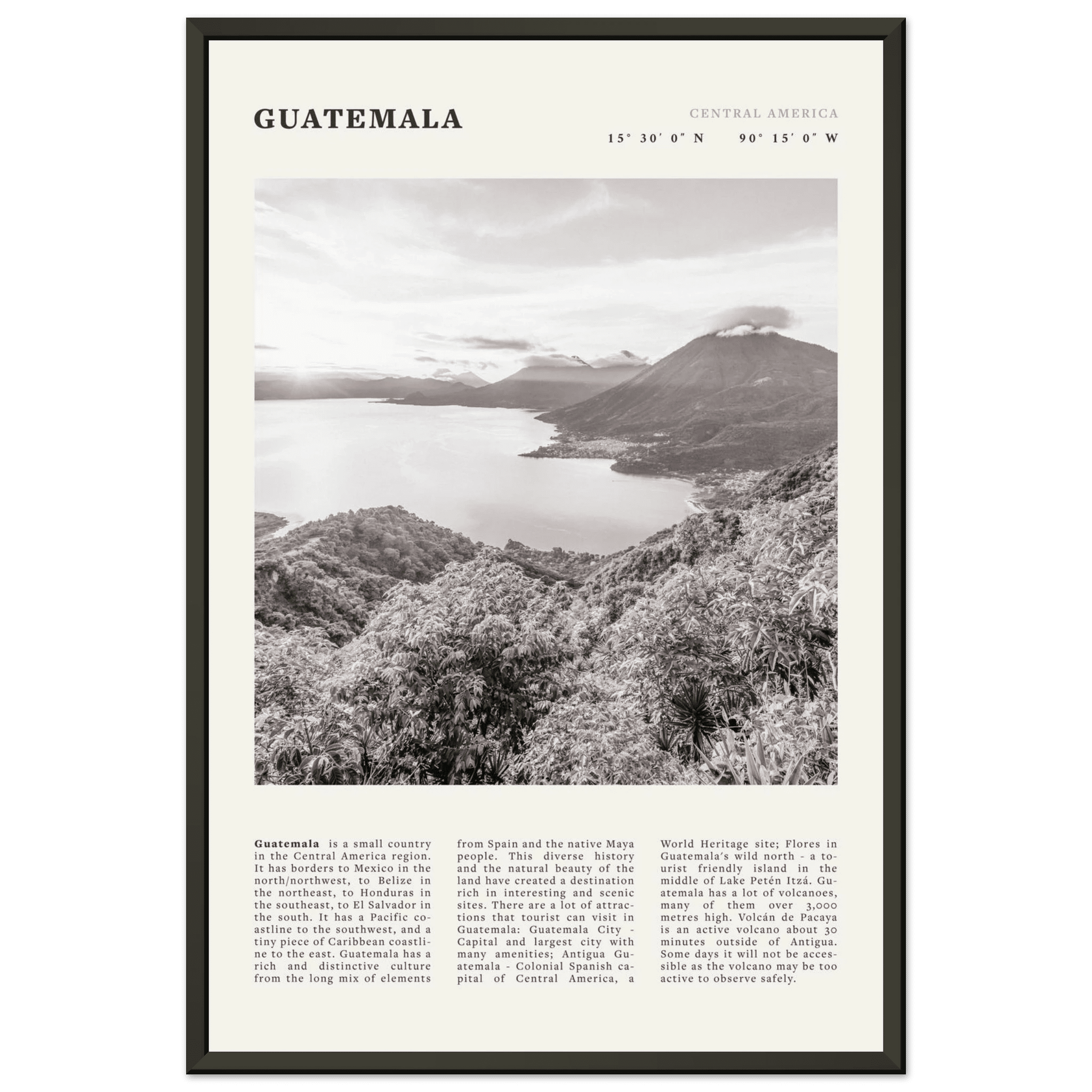 Guatemala Poster | Black & White Lake Atitlan Wall Art | Central America Travel Print - Evergreen Posters