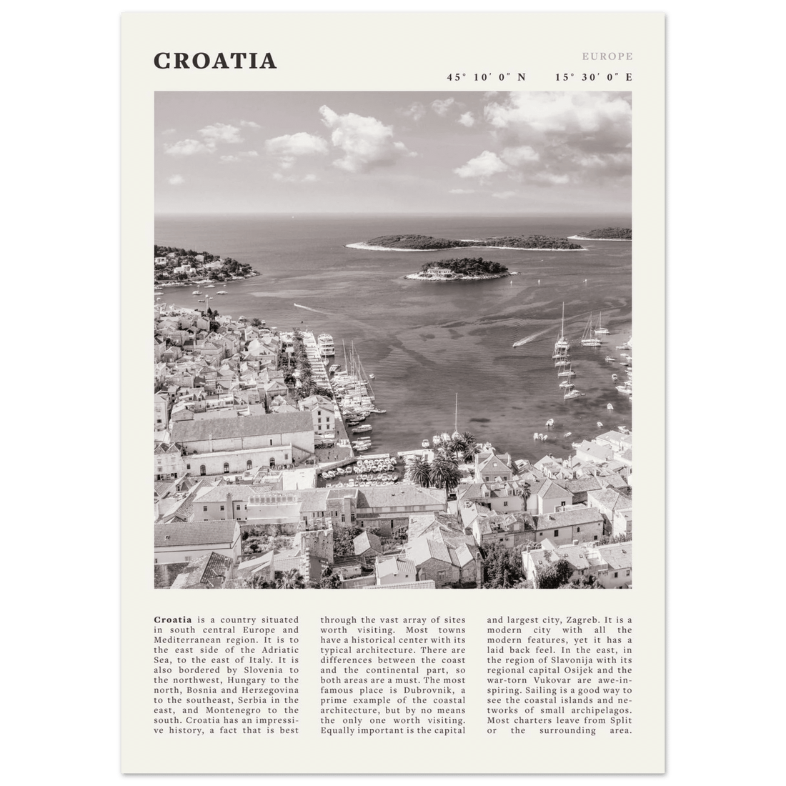 Croatia Poster | Black & White Hvar Island Wall Art | Adriatic Travel Print Decor - Evergreen Posters