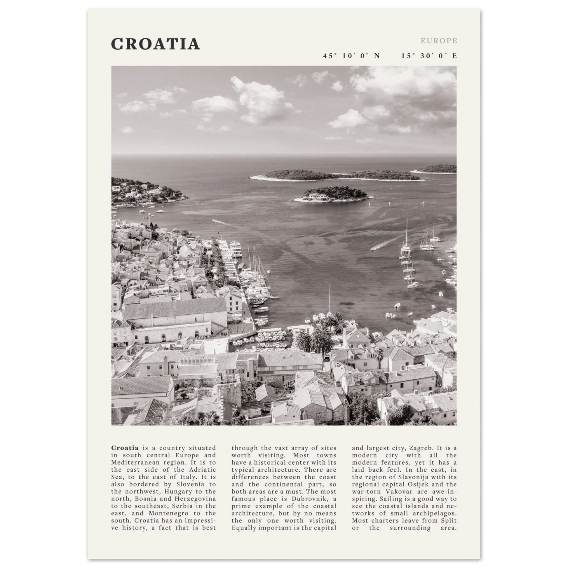 Croatia Poster | Black & White Hvar Island Wall Art | Adriatic Travel Print Decor - Evergreen Posters