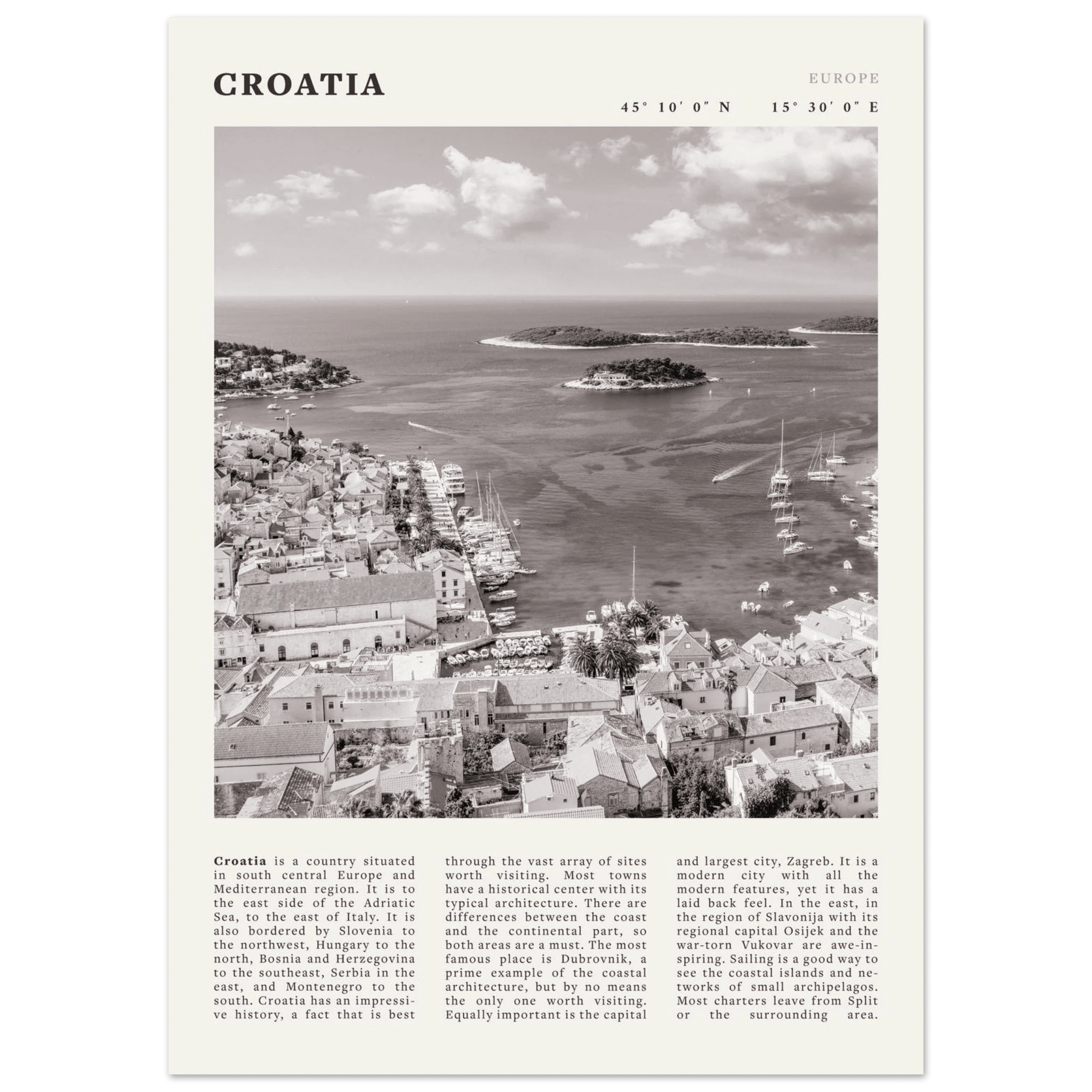 Croatia Poster | Black & White Hvar Island Wall Art | Adriatic Travel Print Decor - Evergreen Posters