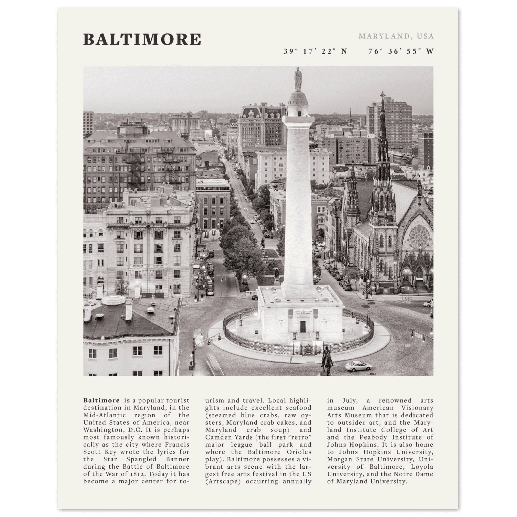 Baltimore Poster | Black & White Maryland City Wall Art | USA Travel Print - Evergreen Posters