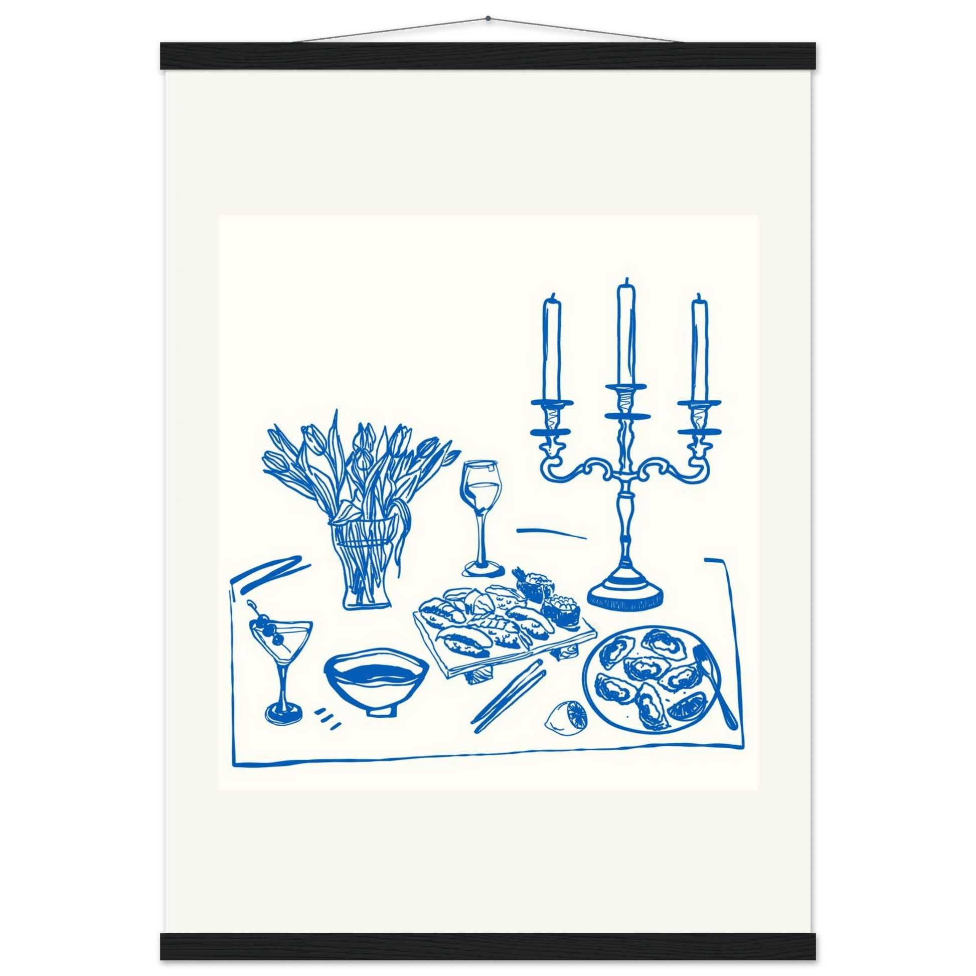Fine Dining Table Print | Blue Line Art Kitchen Wall Art | Elegant Dining Room Poster - Evergreen Posters