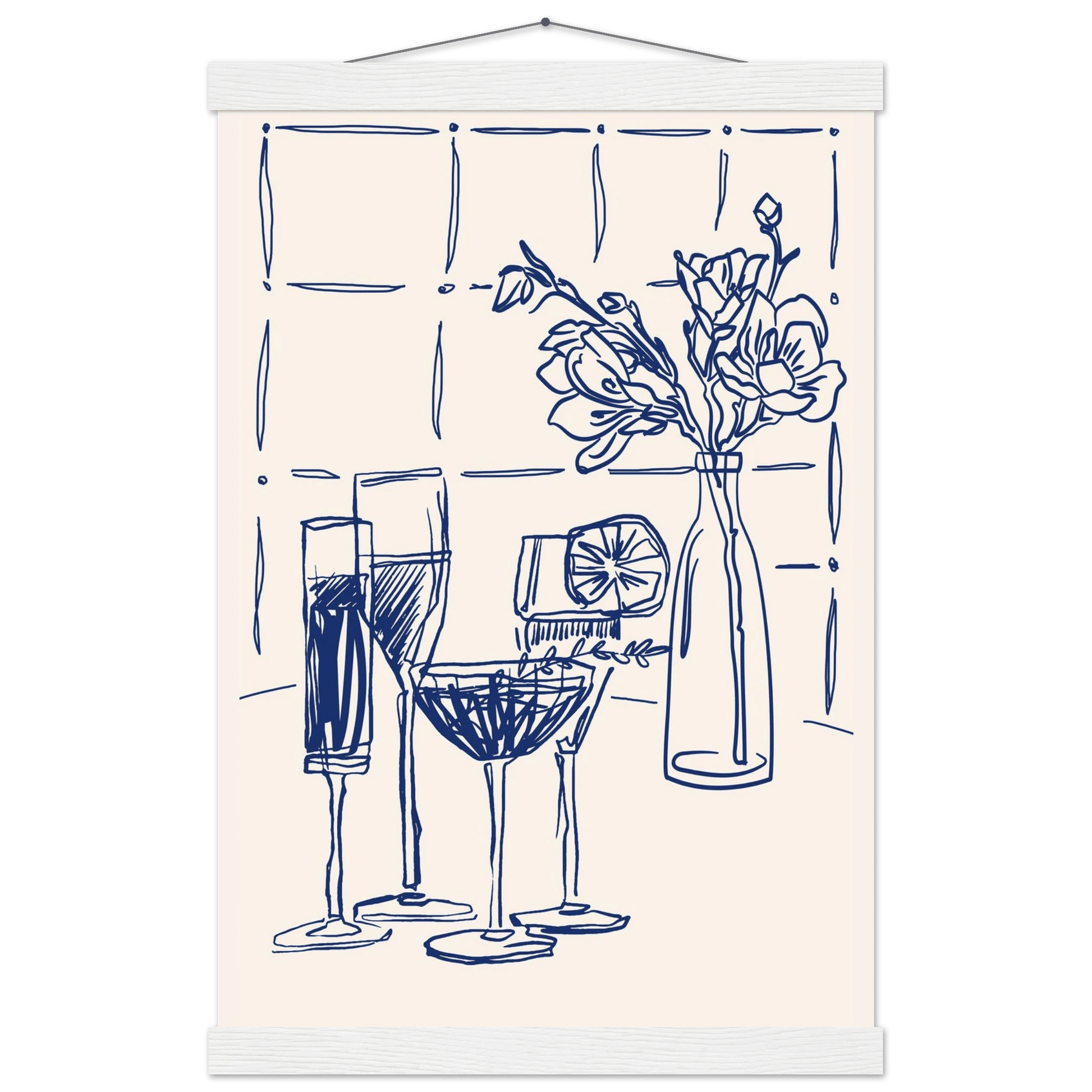 Cocktails & Flowers Print | Navy Blue Line Art Drinks Wall Art | Kitchen Bar Poster - Evergreen Posters