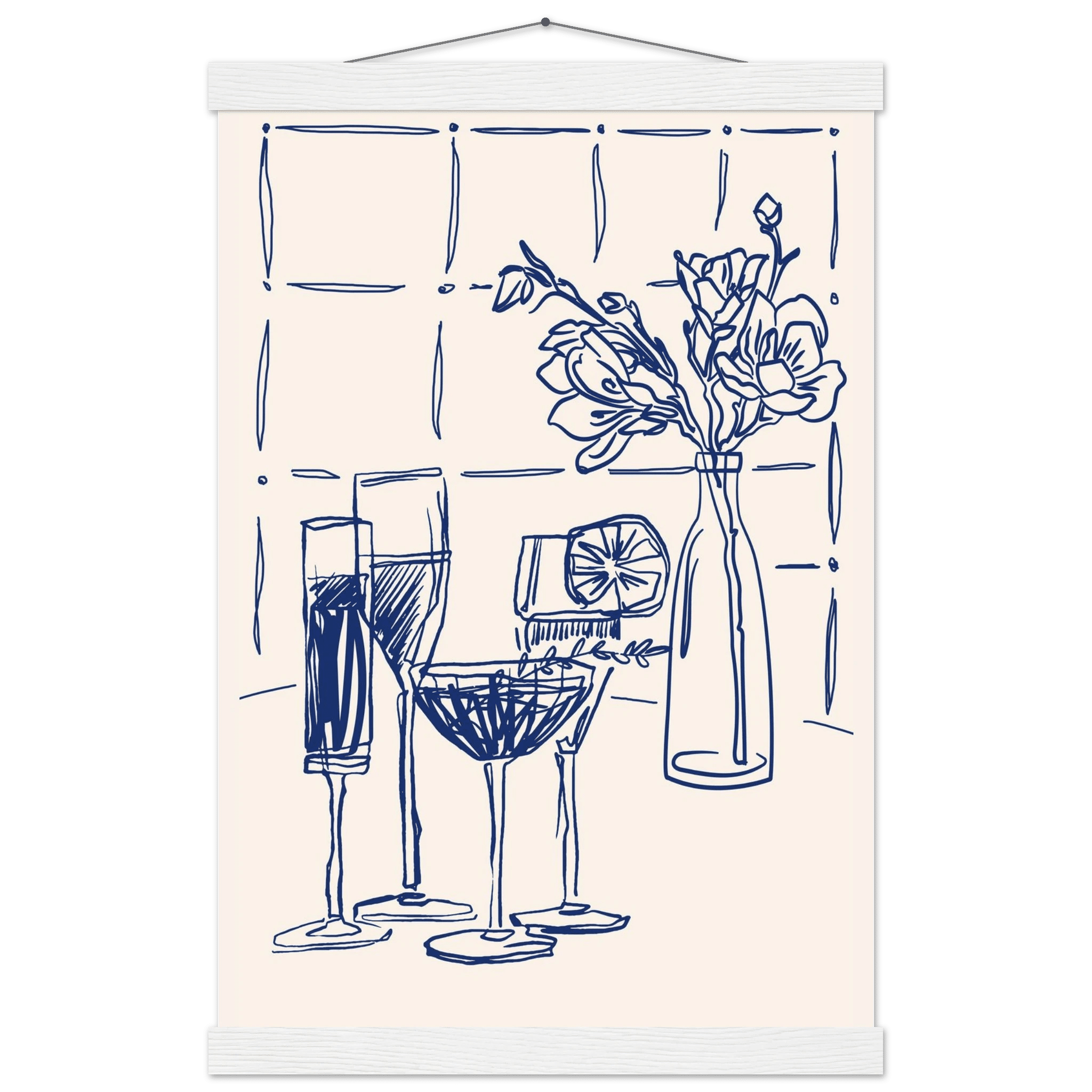 Cocktails & Flowers Print | Navy Blue Line Art Drinks Wall Art | Kitchen Bar Poster - Evergreen Posters