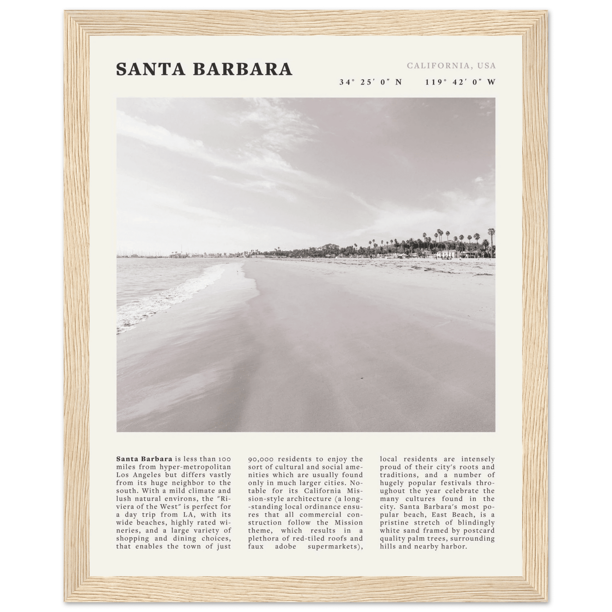 Santa Barbara Poster | Black & White California Beach Wall Art | CA Travel Print - Evergreen Posters